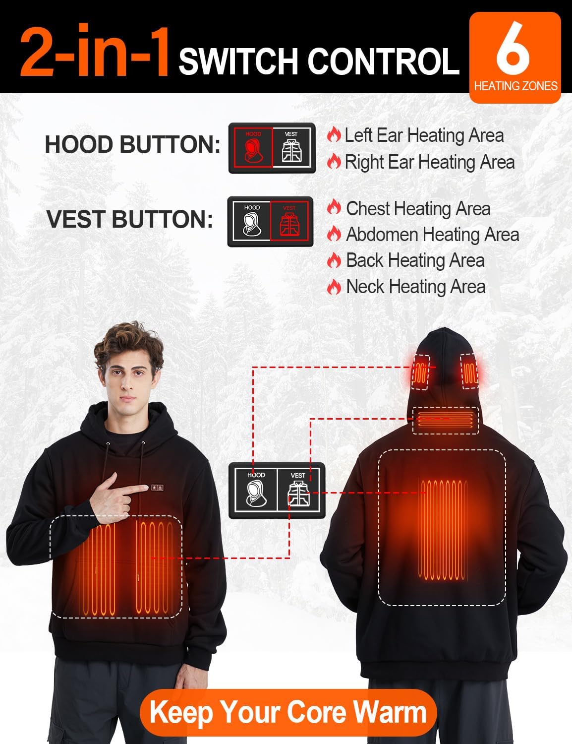 Heated Hoodie for Women Men with Battery 7.4V 12000mAh, Unisex Pullover Heated Sweatshirt - Image 2