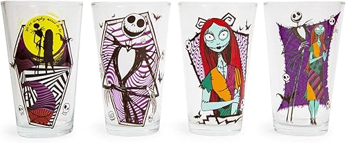 Disney The Nightmare Before Christmas Jack & Sally - Vasos de pinta de 16 onzas, juego de 4 vasos de cerveza tradicionales para licores, bebidas,