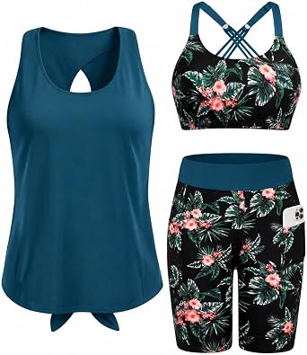 Daci Womens 3 Piece Athletic Tankini Swimsuit with Pocket Shorts | Open-Back Tie, Scoop Neck Bikini Top, Removable Pads, Cross-Back Straps, 7-Inch High Waist, Built-In Brief, Beach-to-Sport