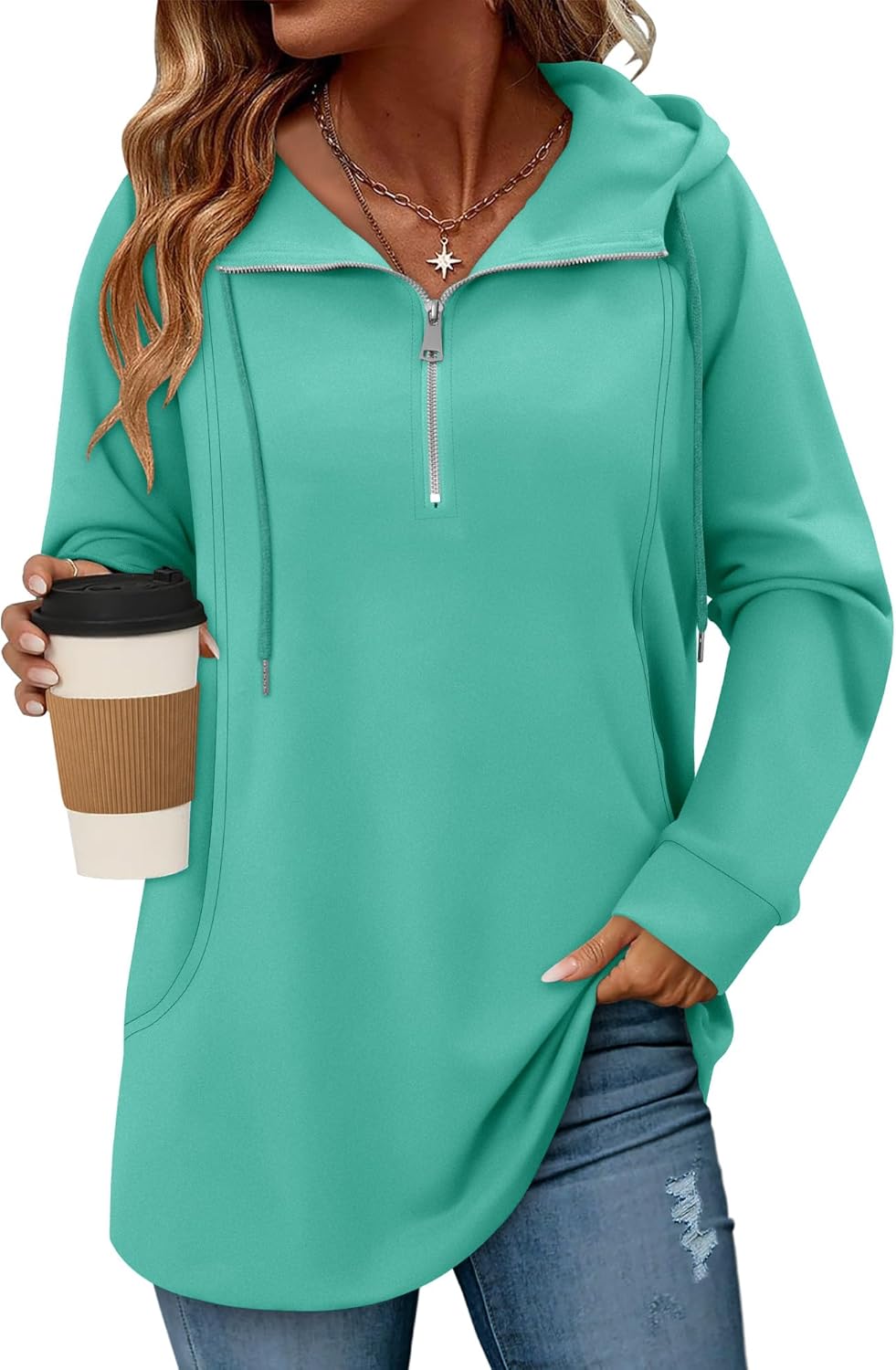 onlypuff Women Hoodie Pullover Trendy Quarter Zipper Lapel Sweatshirts Drawstring Cute Hooded Tunic Tops with Side Pockets