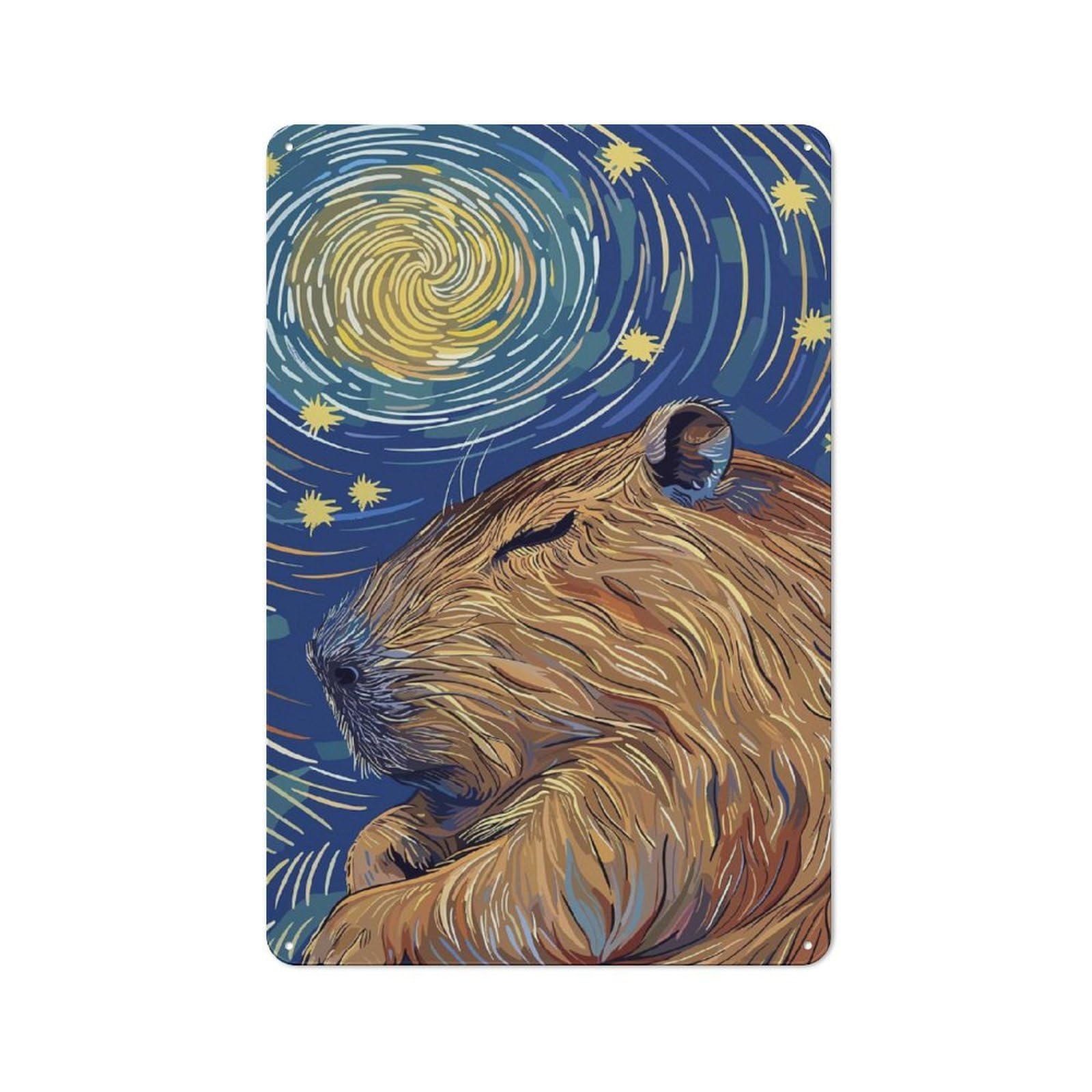 Junmoney Capybara Starry Night Art Vintage Tin Sign 30X20cm For Garden Room Or Summerhouse, For A Newly Organised Room And Metal Sign Display