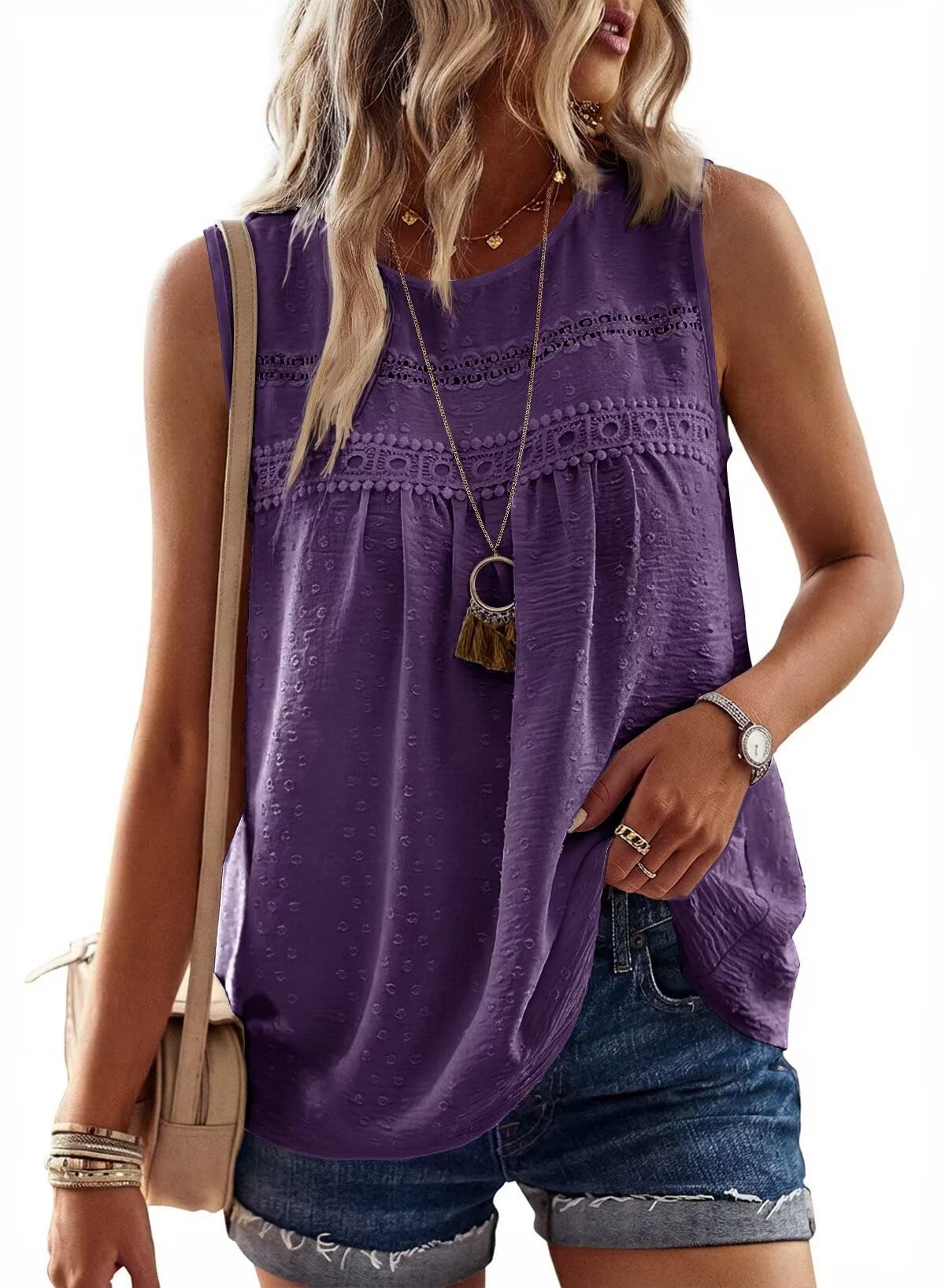 Falechay Tank Tops for Women Flowy Boho Cute Swiss Dots Sleeveless Shirts | Crewneck Loose Fit Summer Blouses, Daily Casual, Hide Belly Fat, Cute Lace Hem Ladies Tunic, Babydoll Crochet Trendy Clothes