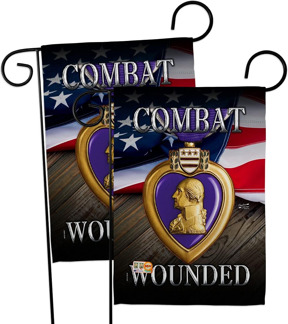Purple Heart Combat Wounded Garden Flags 2pcs Pack Armed Forces Military Service All Branches Support Honor United State American Veteran Official Gift Yard House Double-Sided 13 X 18.5
