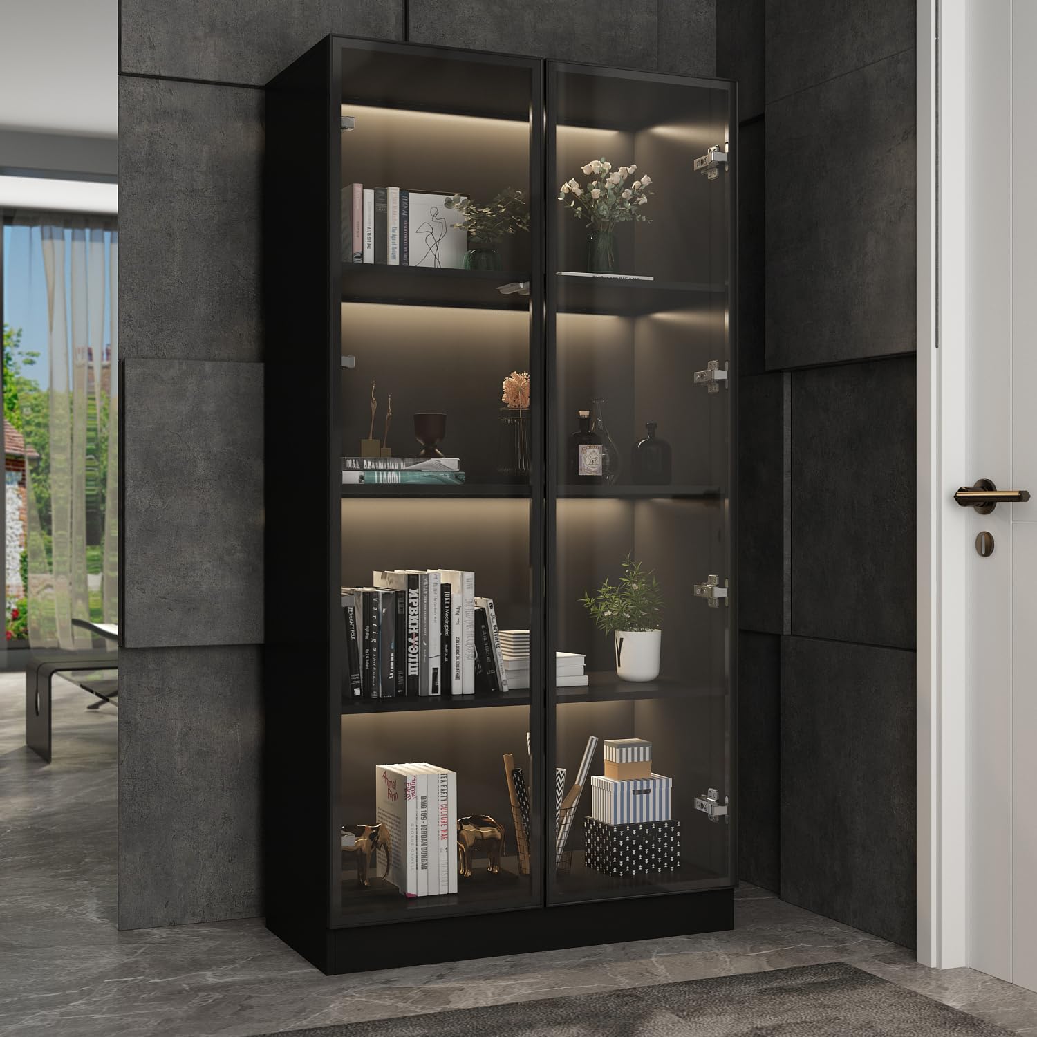 Vetrina in vetro con illuminazione, vetrina in vetro di colore nero, vetrina da collezione, in vetro multifunzione, con ripiani a 4 livelli, 40 x 160 x 80 cm