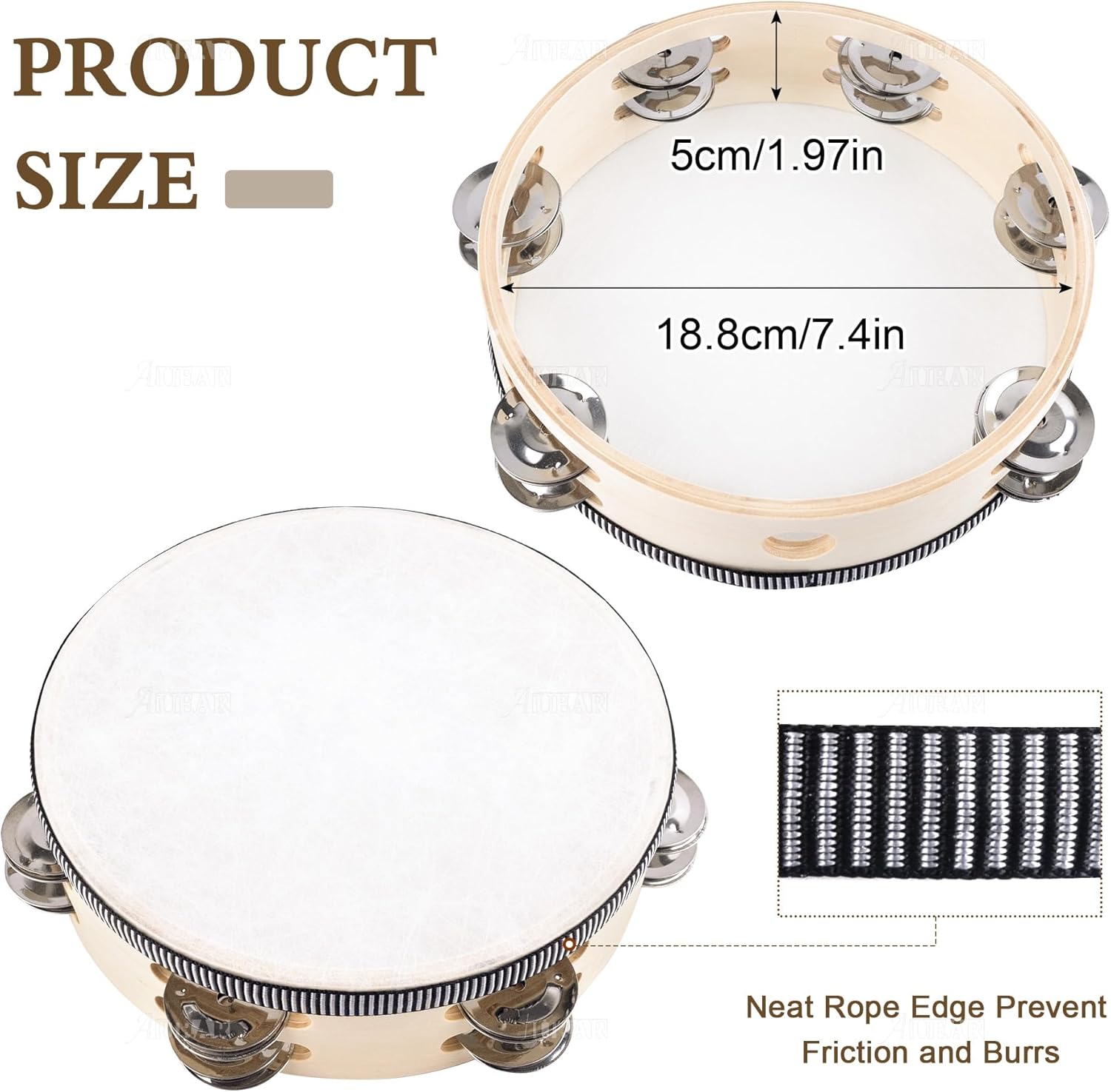 AUEAR, 3 Pack Wooden Tambourines Double Rows Metal Jingle Tambourine 8 Inch Handheld for Party Church KTV Musical Educational