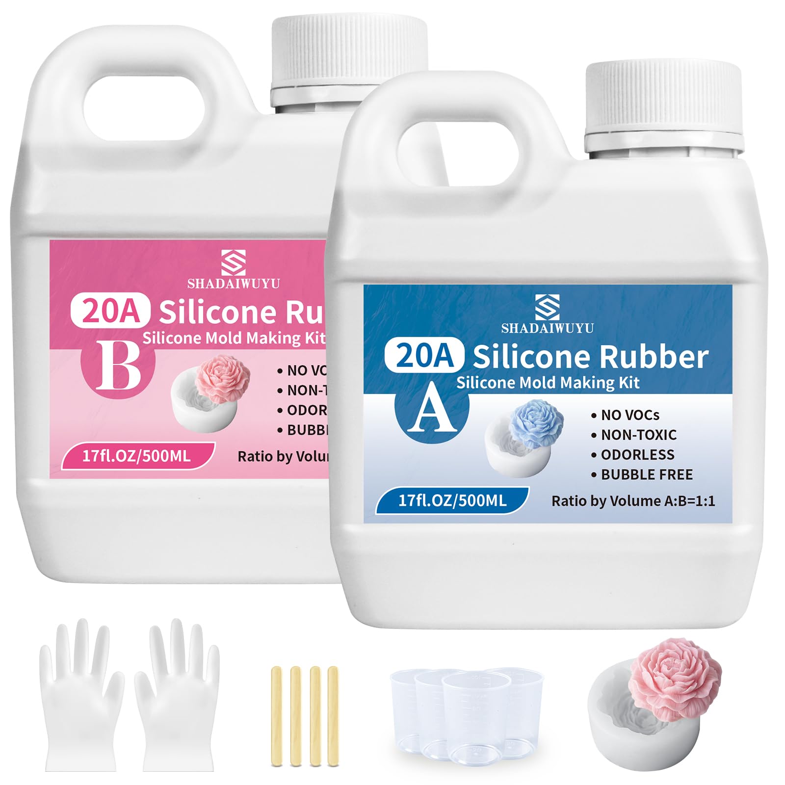 Silicona para Moldes 20A,1,25KG Silicona Liquida Transparente,Mezclado 1:1 de Caoutchouc de Silice para Moldes de Curado Rápido para Artesanías de Jabón a Mano, Velas, Moldes de Resina