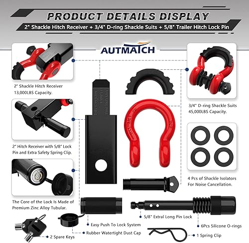 Miniatura 2 de AUTMATCH Receptor de enganche de grillete de 2 pulgadas a 34 pulgadas con anillo en D y pasador de bloqueo de enganche de remolque de 58 pulgadas,