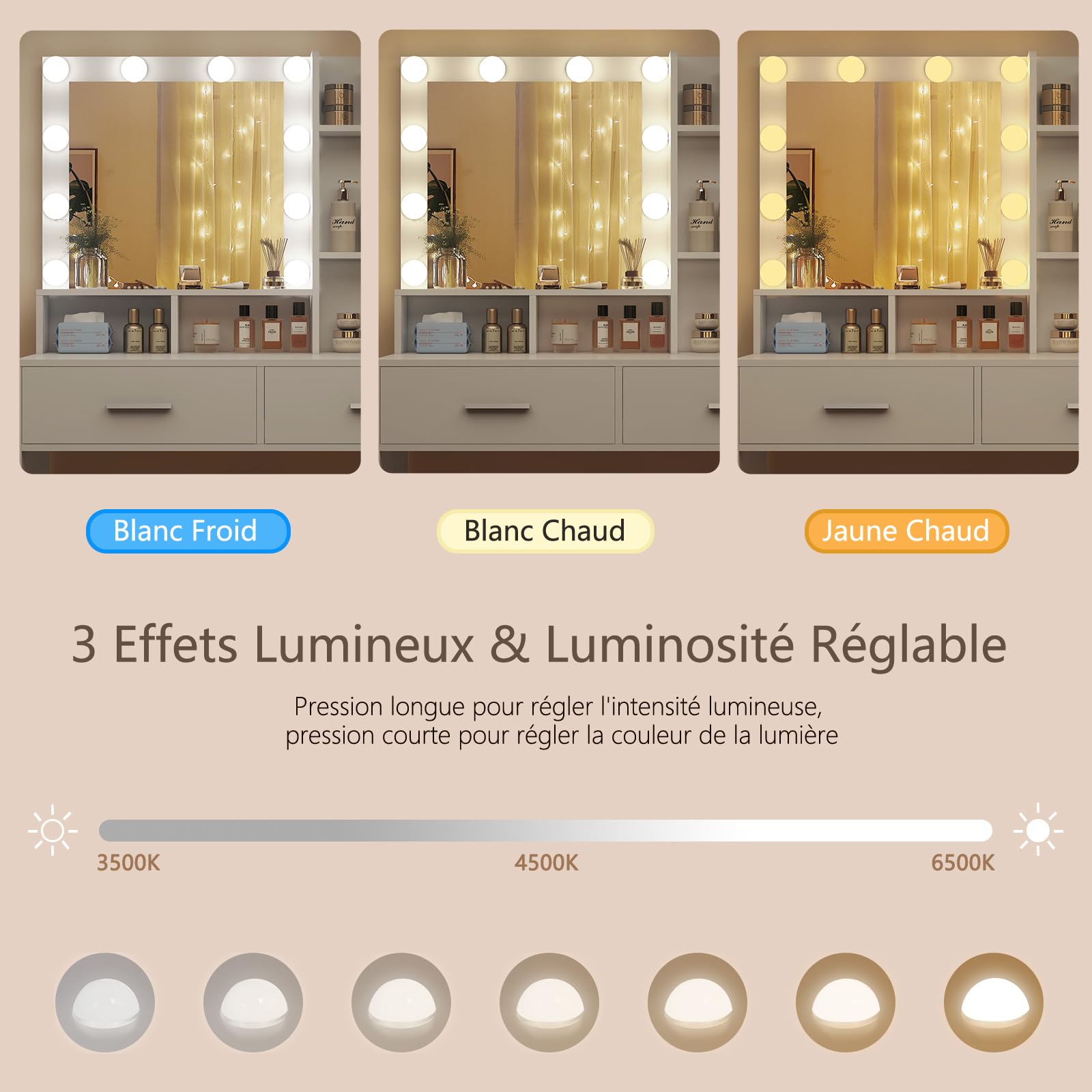 Usikey Tocador de Maquillaje Con Iluminación LED y Enchufe, Mesa Con Espejo, 2 Cajones y 2 Estantes, Estilo Moderno, Vanity Para Dormitorio, Blanco