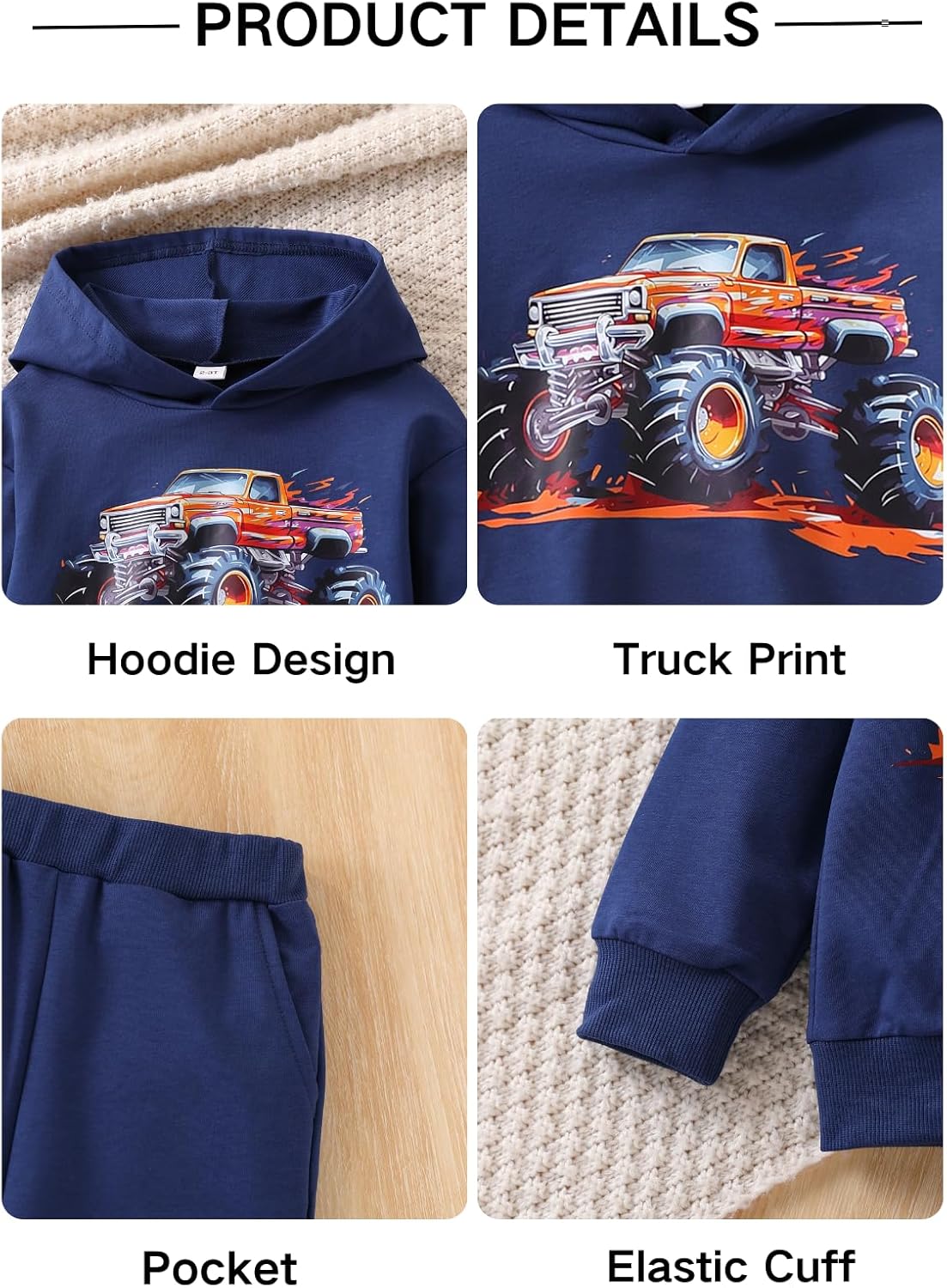 2-7 Years Toddler Boys' Dinosaur & Truck Print Pullover Hoodie and Sweatpants Set - Image 6