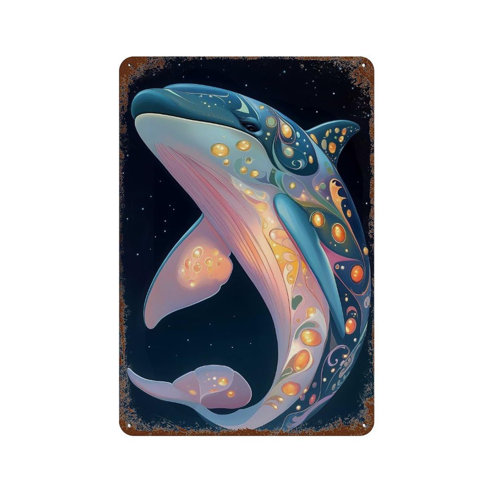 Rust Effect Ornate Dolphin in Space Vintage Rust Metal Sign 11.8"x7.9", Decorative Metal Wall Art for Shed, Workshop And Garage Wall Decor