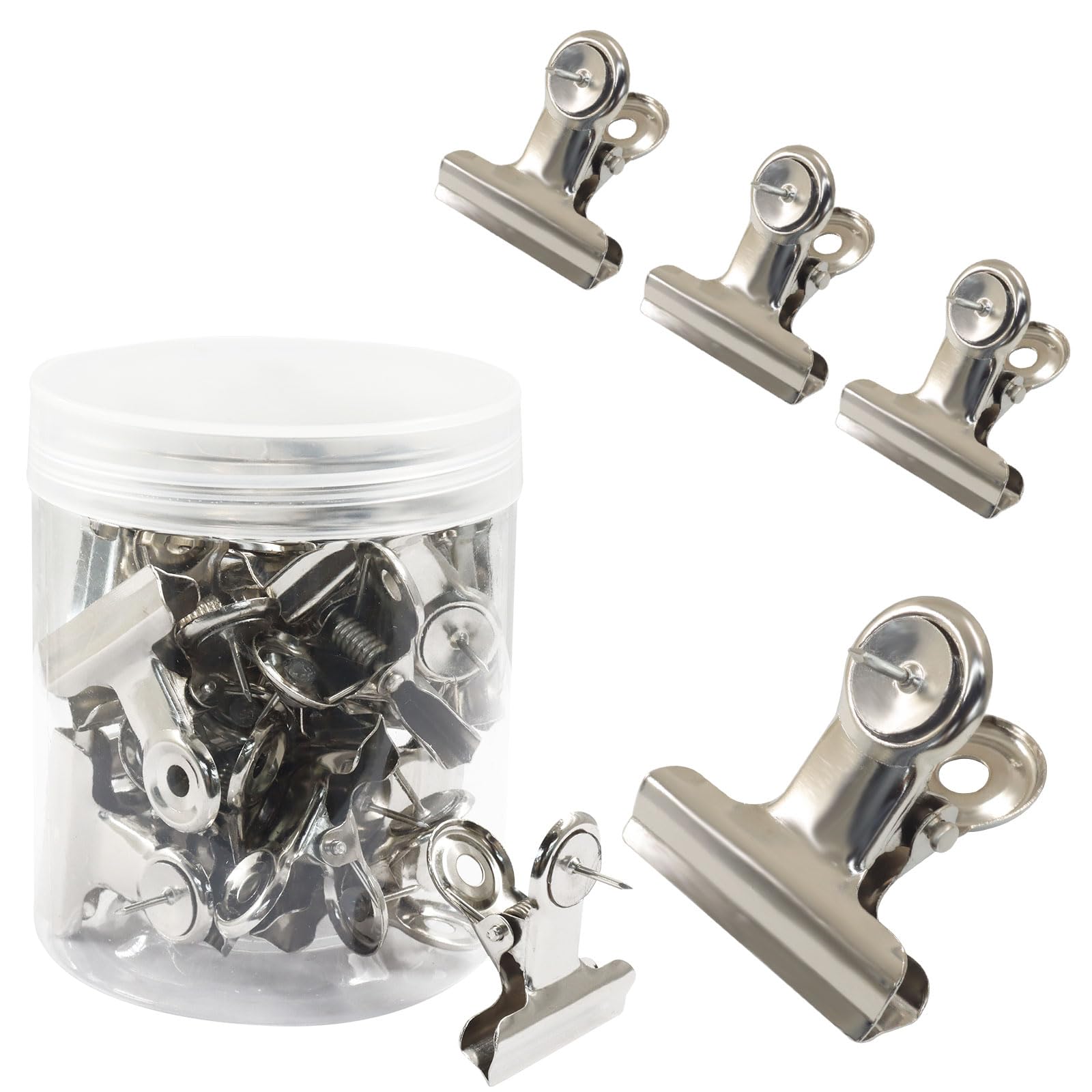 Verkelly 40 Pcs Silver Push Pin Clips - 30mm Metal Thumb Tacks with Clips for Bulletin Boards, Cork Boards, and Office Cubicle Walls