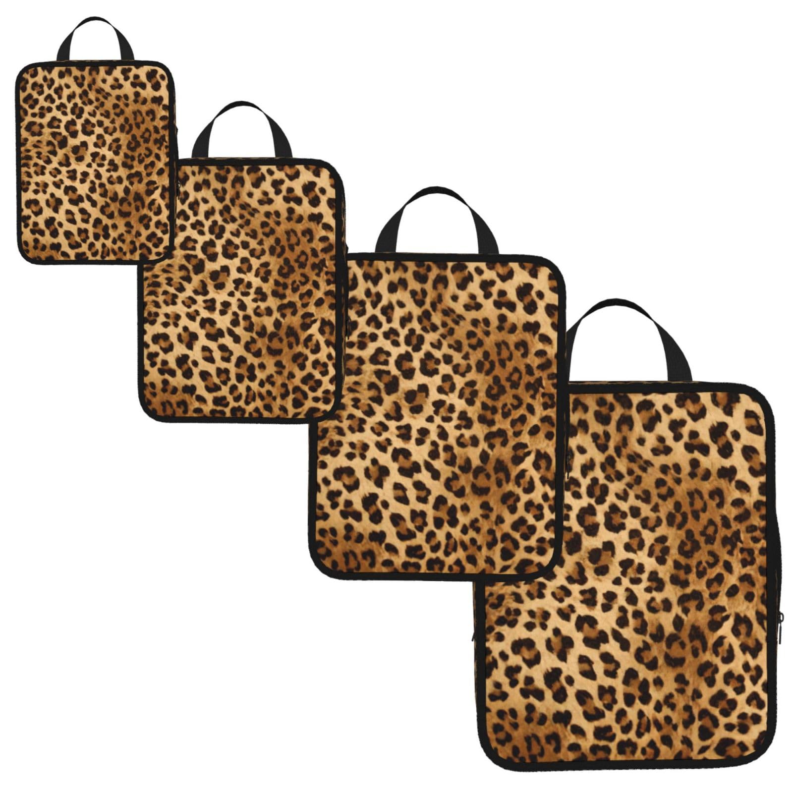 Cute Leopard Print 4 Set Compression Packing Cubes for Suitcases,Expandable Storage Bag Organizers