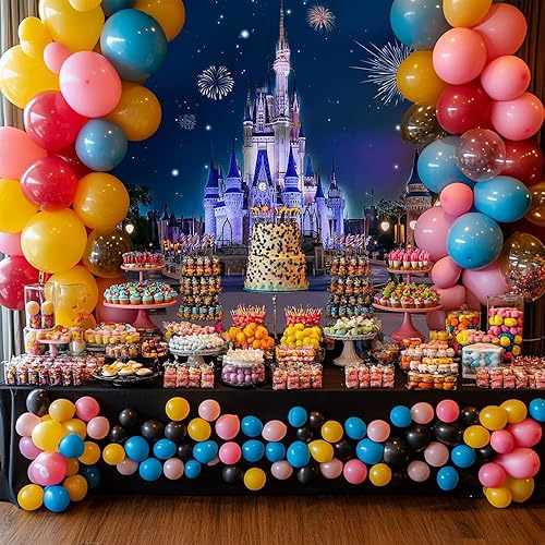 Miniatura 5 de Telón de fondo de castillo de princesa azul de 10 x 10 pies para jardín, espectáculo de fuegos artificiales, escena de noche estrellada, fondo para