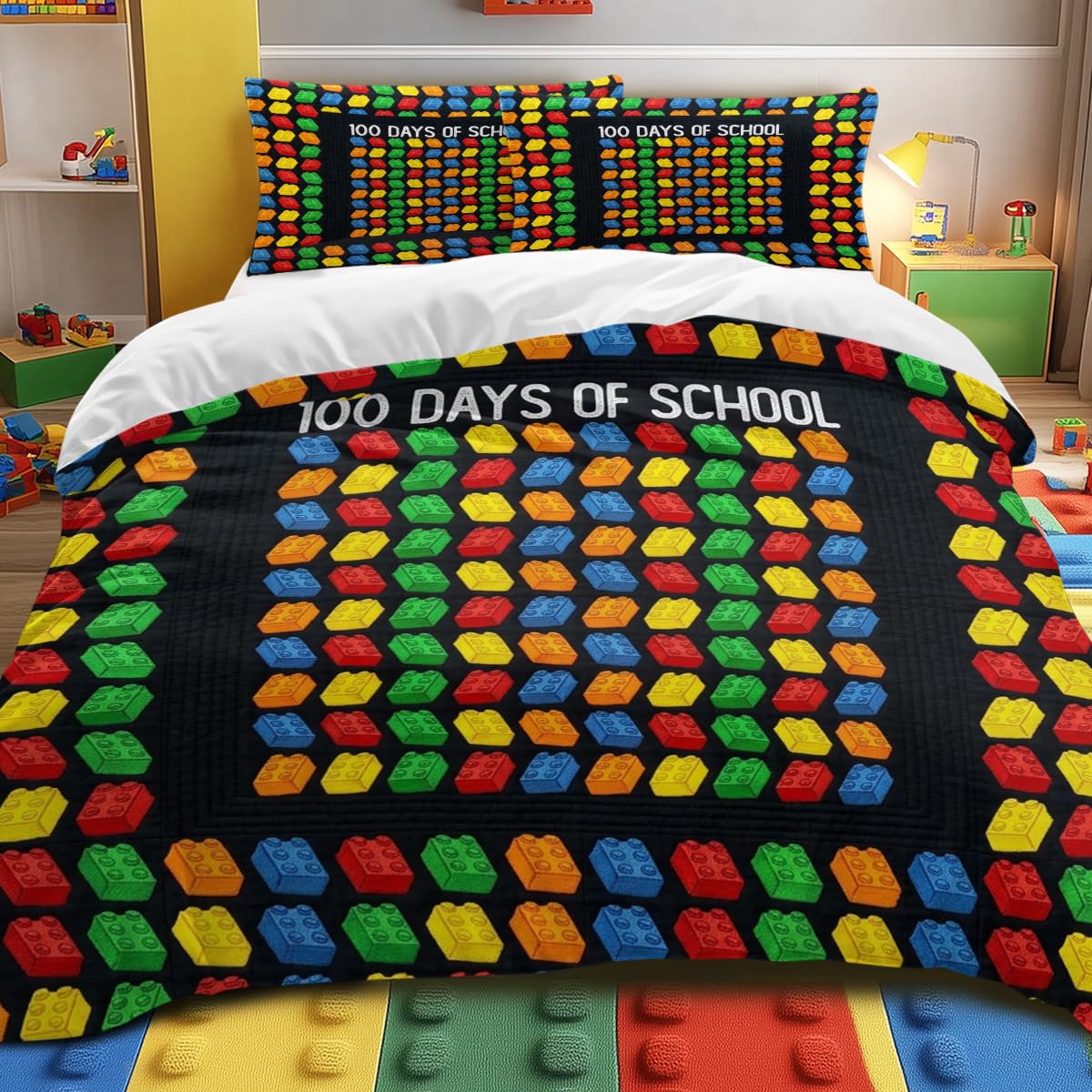 Duvet Cover Set 100 Days of School Theme, Colorful Building Block Pattern on Black, Ultra Soft Microfiber King Size Bedding for Kids and Teens, Zipper Closure, Corner Ties, Easy Care