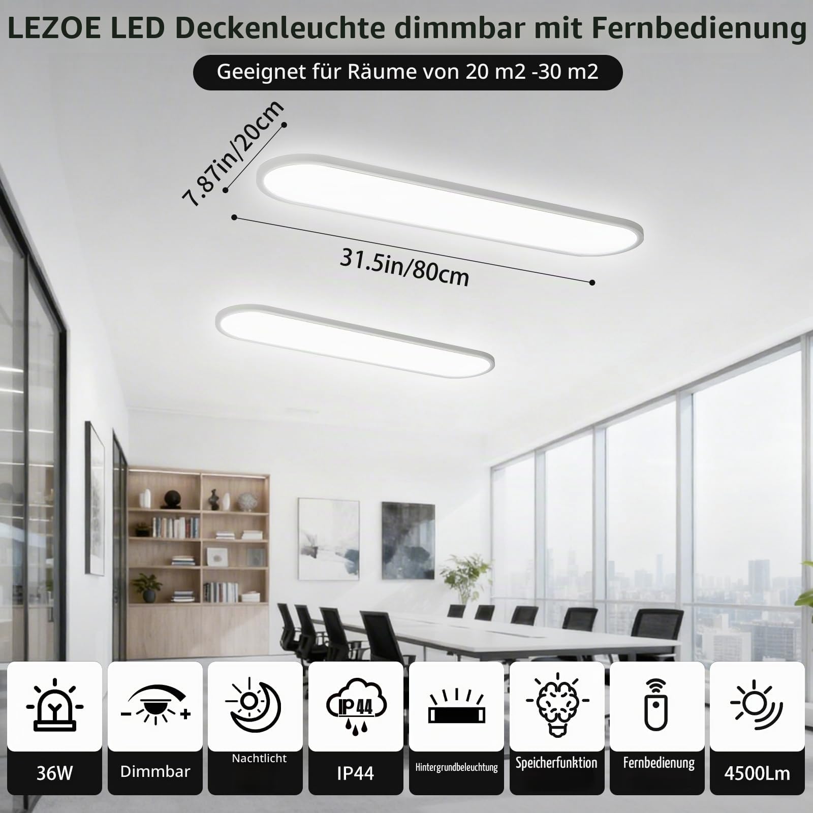 LEZOE LED Deckenleuchte dimmbar mit Fernbedienung, 36W 4500LM 2700K-6500K Deckenlampe LED Mit Speicherfunktion, Bürodeckenleuchten Panel für Wohnzimmer Schlafzimmer Küche Heimbüro Oval 80x20x2.9cm