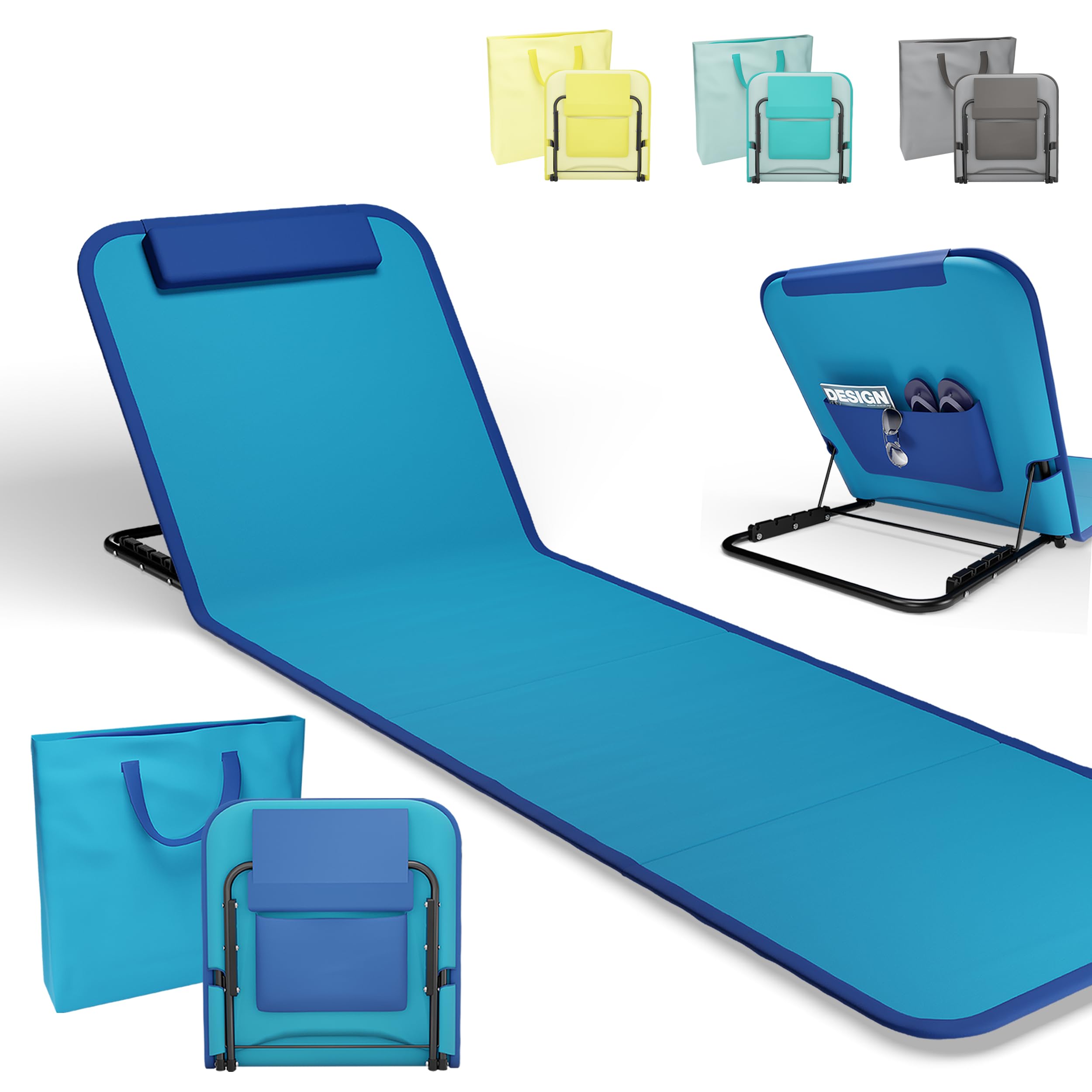 Strandmatte klappbar mit verstellbarer Rückenlehne - blau - Liegematte faltbar mit Tragegurt - Strandliege Sonnenliege Gartenliege Sonnenmatte Liegematte für Garten Camping Picknick Reise Urlaub