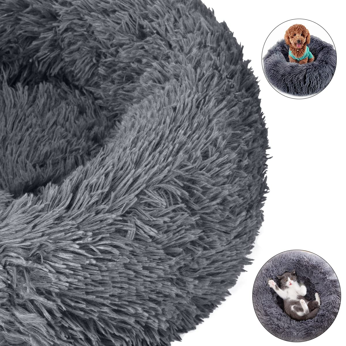 Rocorose Donut Hundebett – Waschbar, Plüschweich, Mit Erhöhtem Rand, Rutschfester Boden, 60 Cm, Dunkelgrau