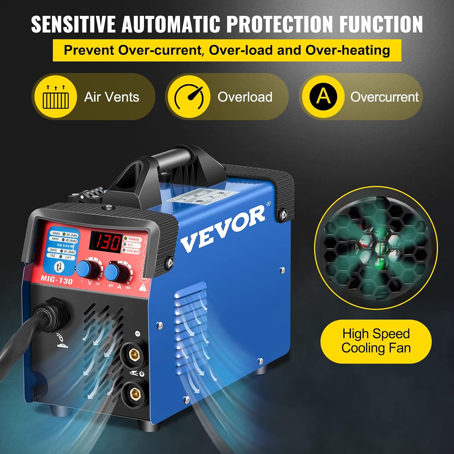 VEVOR MIG Welder, 130A Welding Machine, 3 in 1 Combo MMA/MIG/Lift TIG Welder Machine, Flux Core Welder, MIG-130 Portable Welding Machine, MIG Welding Equipment with 1KG Welding Wire Stick Welder
