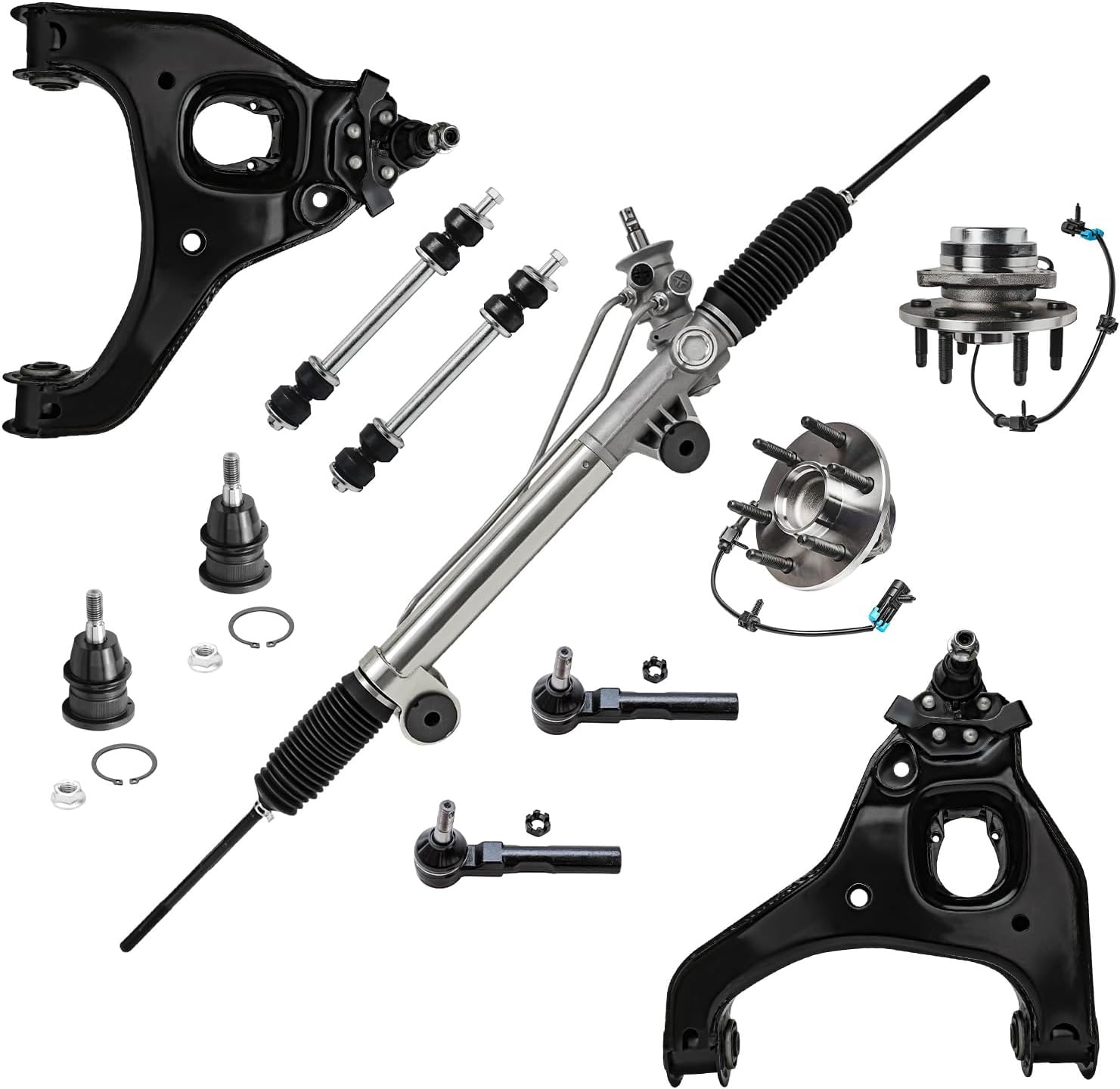 Detroit Axle - 2WD Front End Kit for 1999-2006 Chevy GMC Silverado Sierra 1500, 1 Rack and Pinion 2 Lower Control Arms 2 Wheel Bearing Hubs 2 Upper Ball Joints 2 Outer Tie Rods 2 Sway Bars