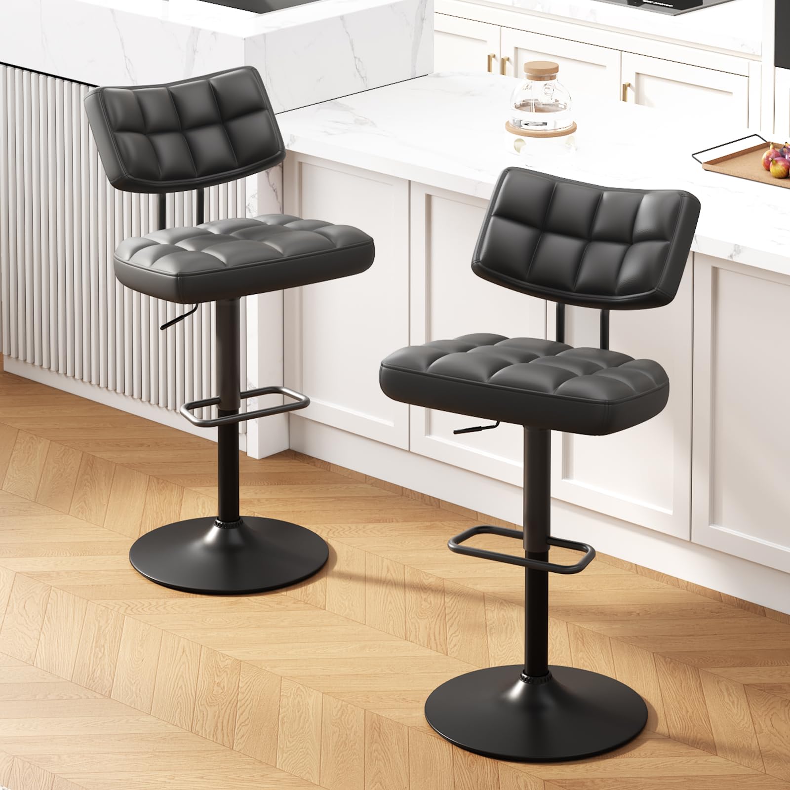 Set di 2 Sgabelli da Bar, Sedie da Bar Girevole 360° Altezza Regolabile da Penisola, Sgabelli Alto in Similpelle, Sedie da Cucina con Schienale e Poggiapiedi per Bar Cucina Ristorante, Nero