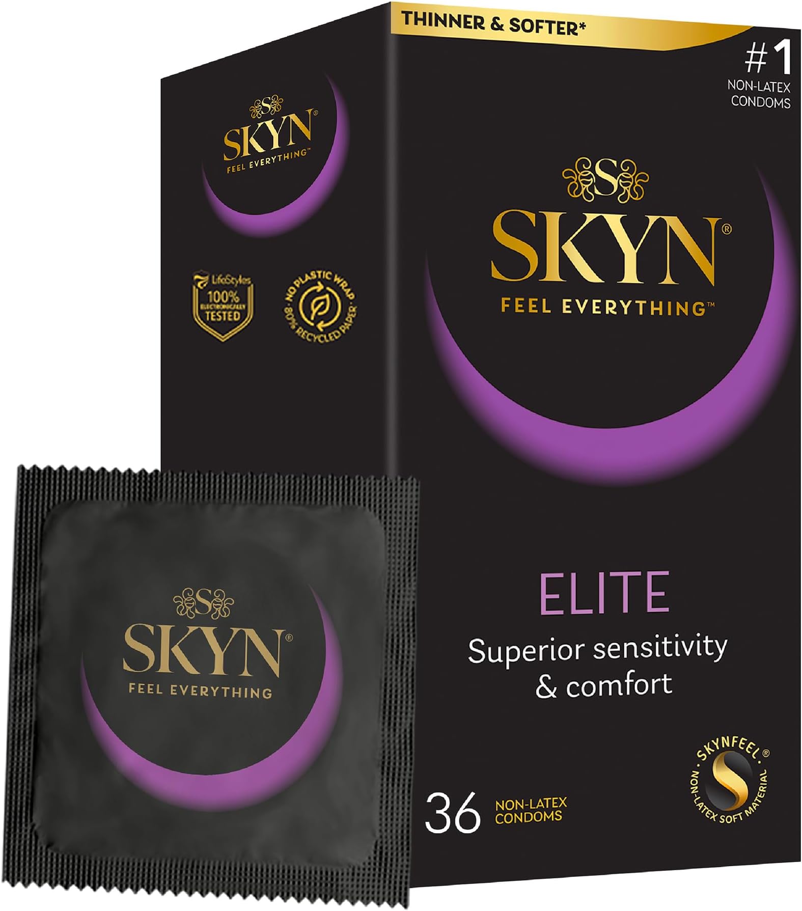 SKYN Elite Condoms Pack of 36 / Skynfeel Latex Free Condoms for Men, Regular Size Condoms, Ultra-Thin & Soft Condoms, Smooth Straight Shape, 53mm Wide
