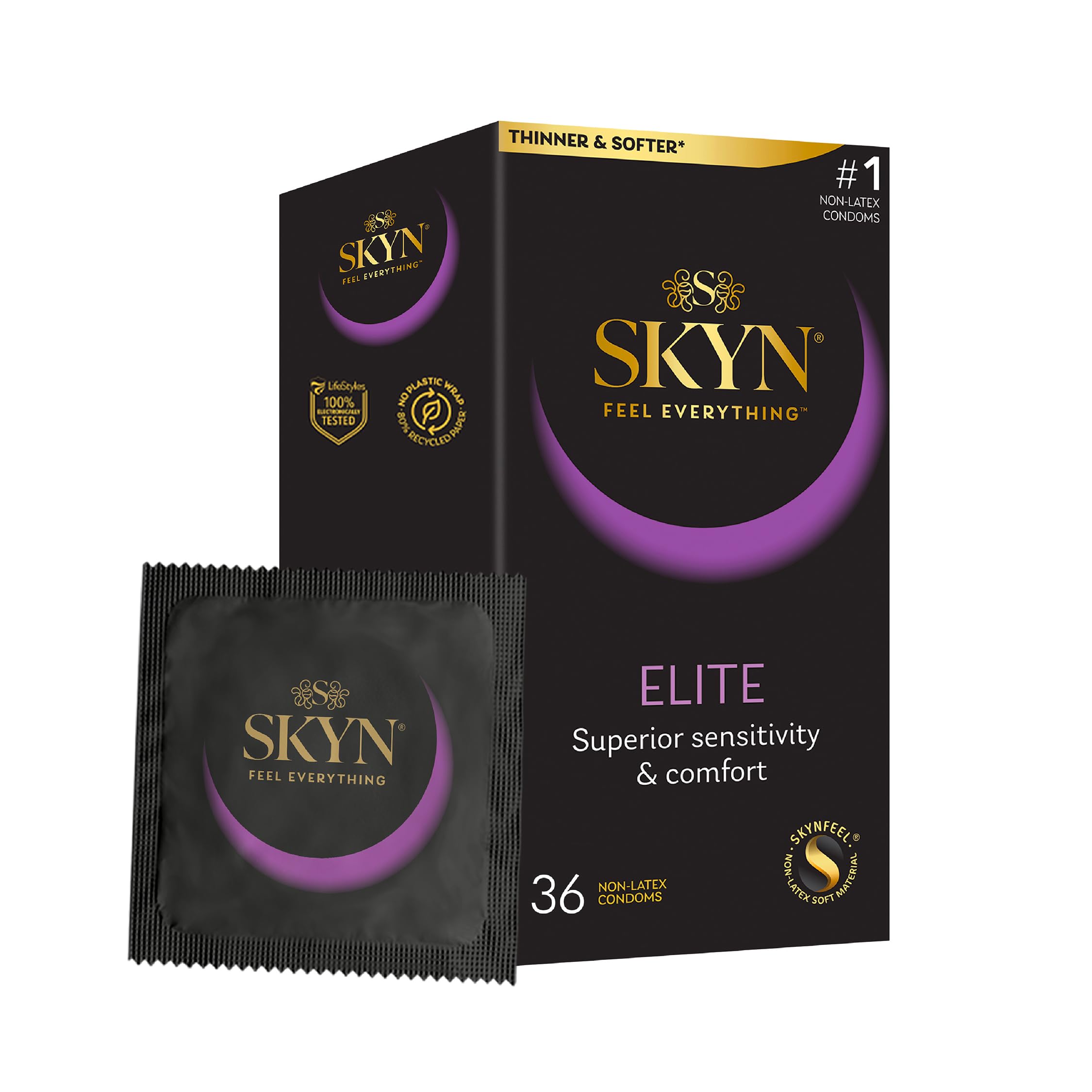 SKYN Elite Condoms Pack of 36 / Skynfeel Latex Free Condoms for Men, Regular Size Condoms, Ultra-Thin & Soft Condoms, Smooth Straight Shape, 53mm Wide
