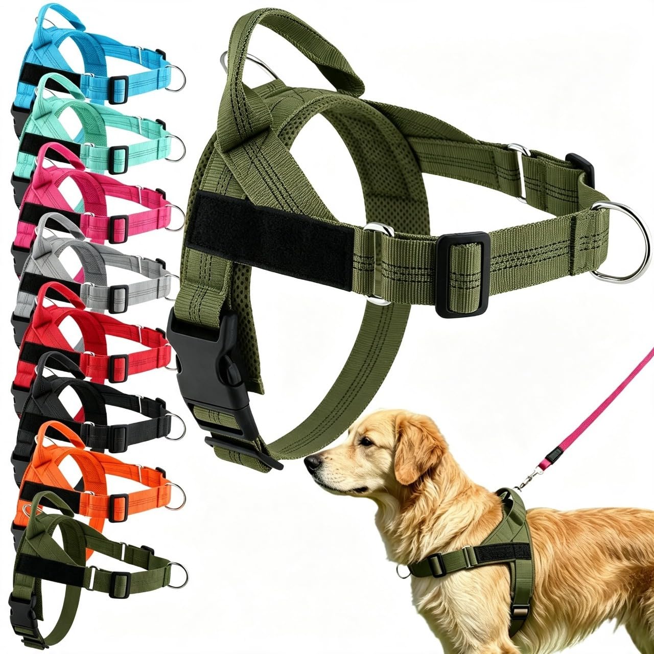 No Pull Front Clip Dog Harness Adjustable Vest Whippet Hound Walking (Army green, XL)