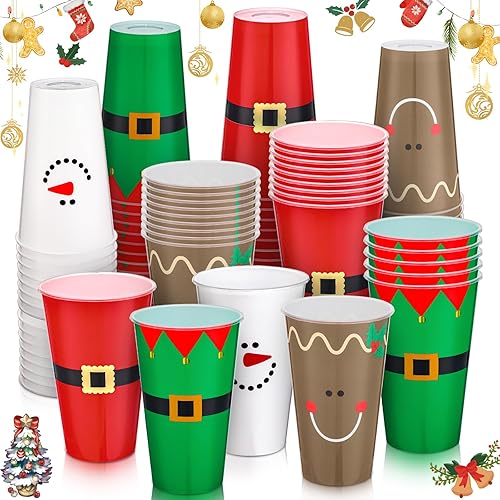 Bokon 100 vasos de Navidad de 16 onzas desechables de plástico con diseño de Papá Noel, cinturón de Papá Noel, muñeco de nieve, diseño de alce,