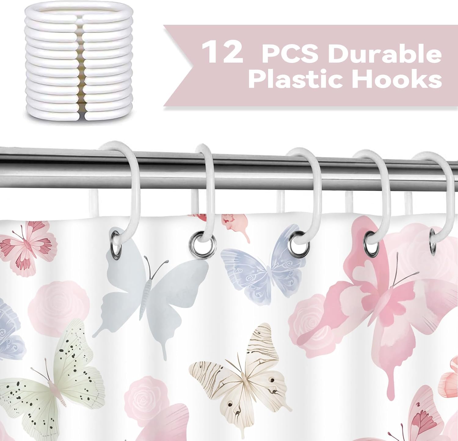 Romantic Butterfly Shower Curtain Soft Pastel Romantic Decor 72x72 | Butterfly Print Cozy Waterproof Bathroom Accessory, Quick Dry Bath Curtain with Hooks, White
