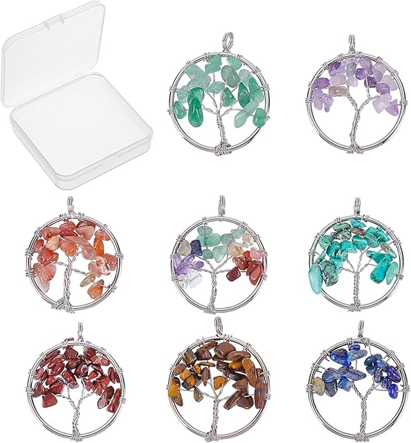 SUNNYCLUE 8Pcs 8 Colors Tree Life Pendant Quartz Crystal Gemstone Pendant Flat Round with Tree of Life Charm Pendants Findings Hole for Jewellery Bracelet Chakra Necklace Making, Mixed Color