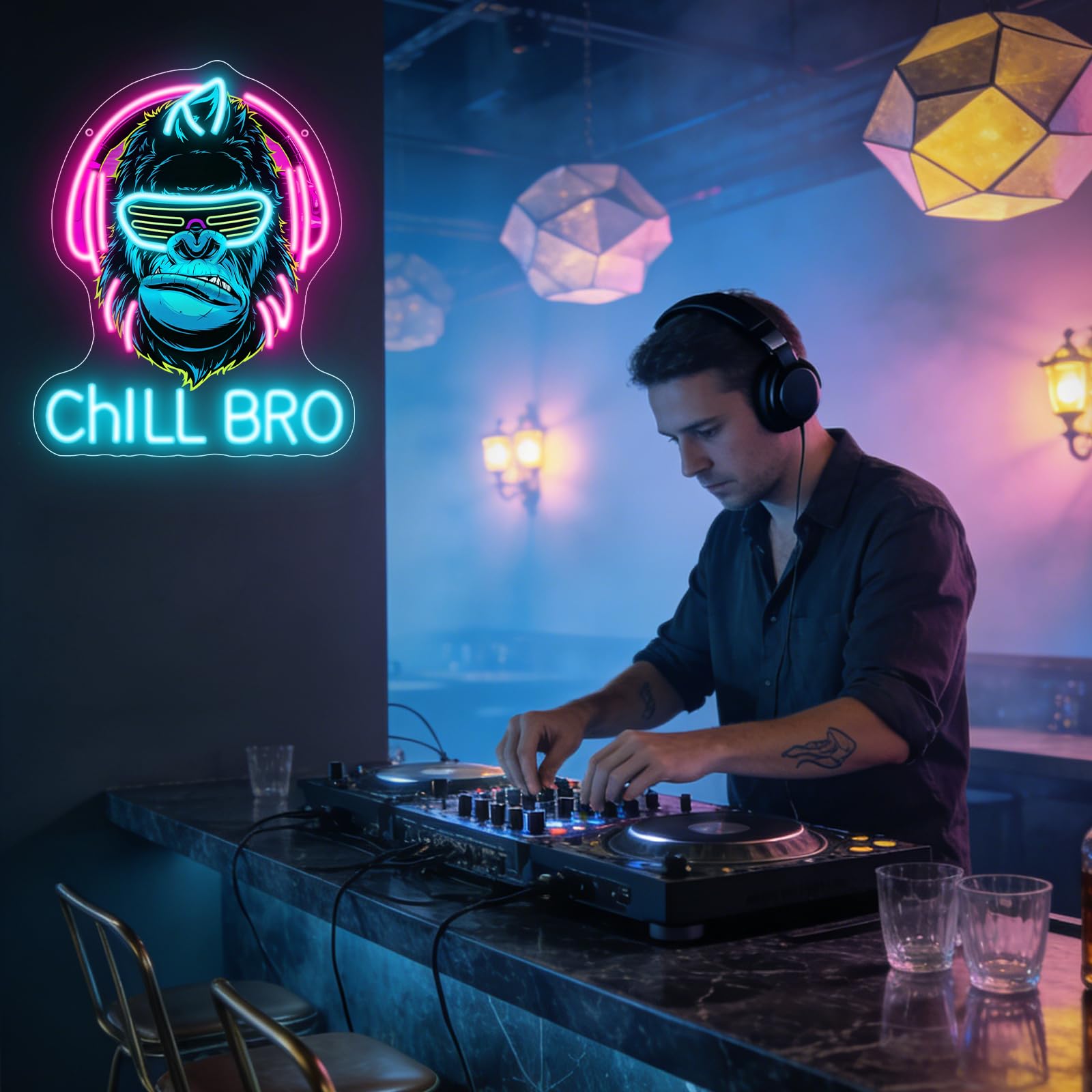 Chill Bro Gaming Headset Cartel de neón para decoración de pared, cartel de neón de gorila, carteles LED de zona de juegos para sala de juegos, decoración de accesorios de juegos, decoración