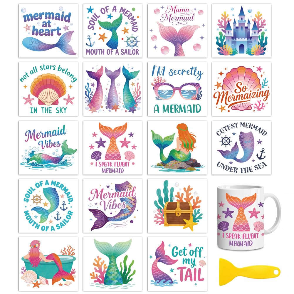 Peacoblue 18 Sheets Rub on Transfers for Crafts, Mermaid with Summer Text 3.6"x3.9" UV DTF Cup Wraps Waterproof Cold Transfers Stickers for Wood Glass Metal Cup Tumblers Mirrors Mugs Home Decor