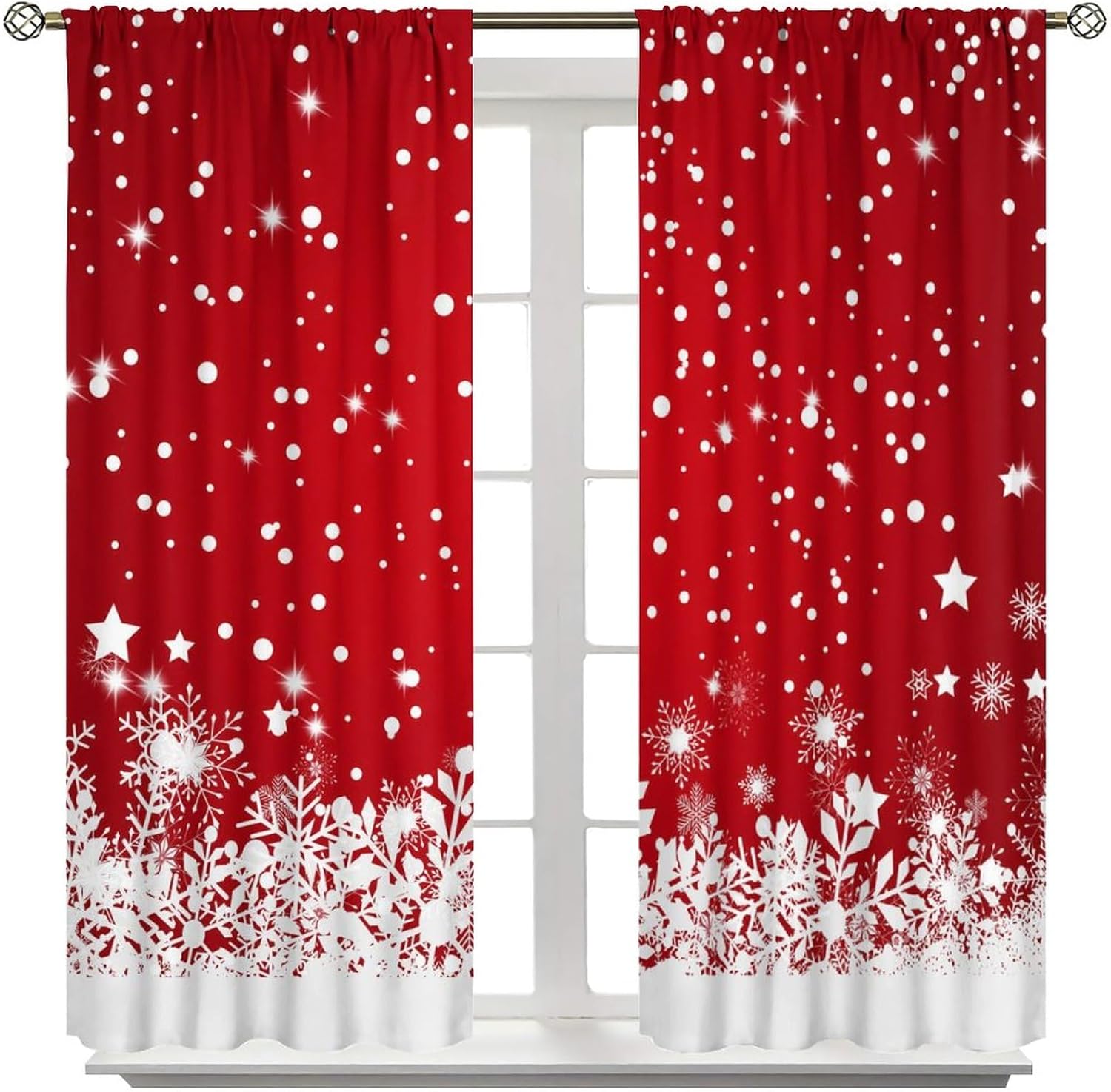 Christmas Curtains,Merry Christmas Window Treatment,Red Floral Snowflake Decoration Rod Pocket Blackout Curtains for Living Room 21x63in,2 Panel Set