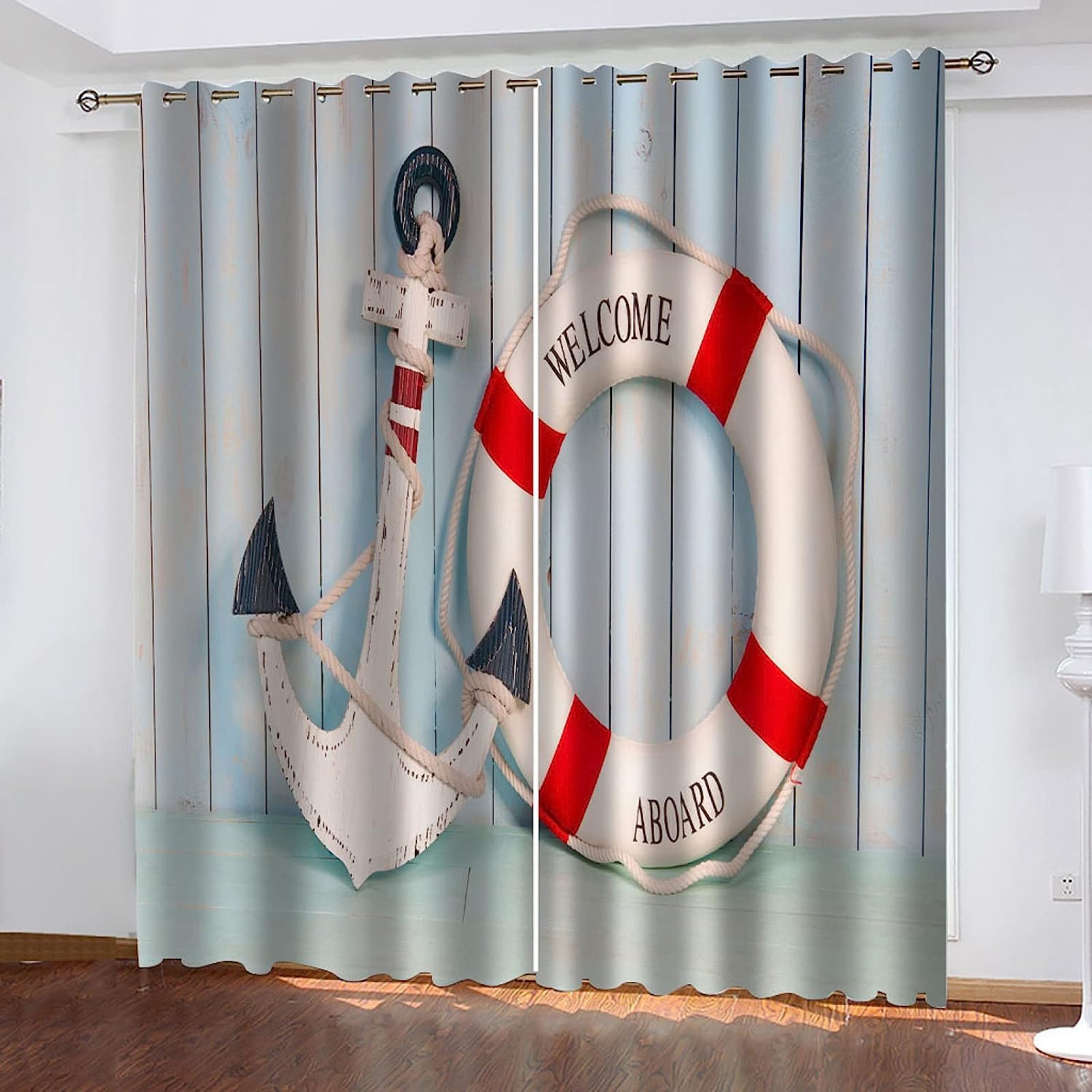Cortina Opaca para Habitación De Los Niños, Boya Salvavidas Ancla Blanca Diseño 3D, Opaca, con Ojales, Cortinas Opacas E Insonorizadas, 2 Pieza Adecuado para Dormitorio/Cocina 280 X 250 Cm-0D9C/Y6J