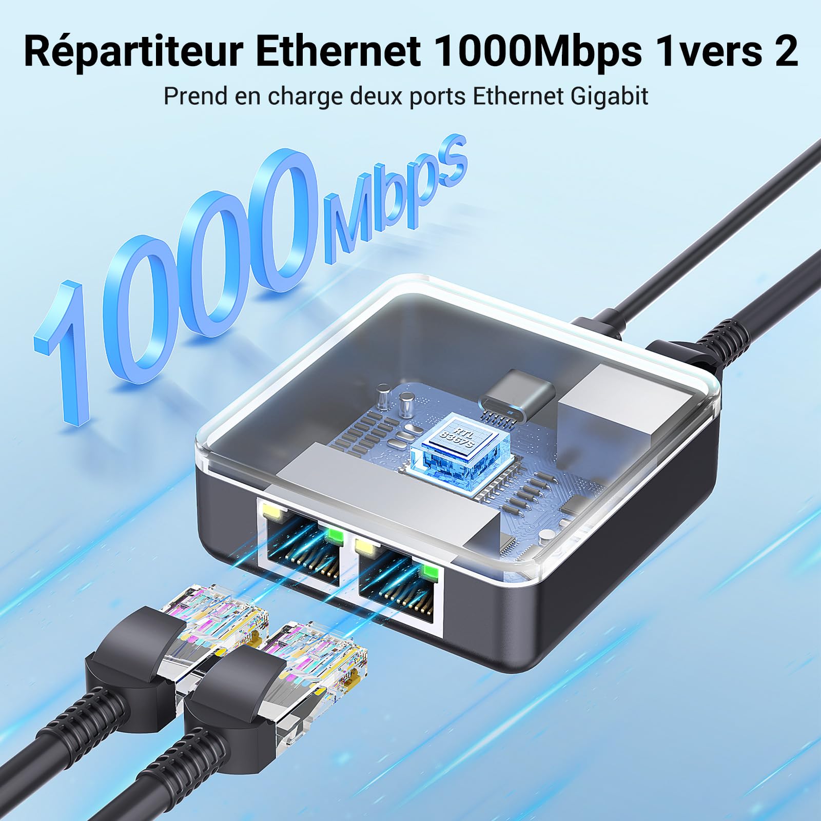 KiWiBiRD doubleur rj45 Switch ethernet 2 Port repartiteur Cable ethernet Double Sortie Splitter gigabit 1000Mbps pour câble Cat 8 7 6 5e 5 Compatible avec routeur PC Ordinateur Mac PS5 PS4 TV Box