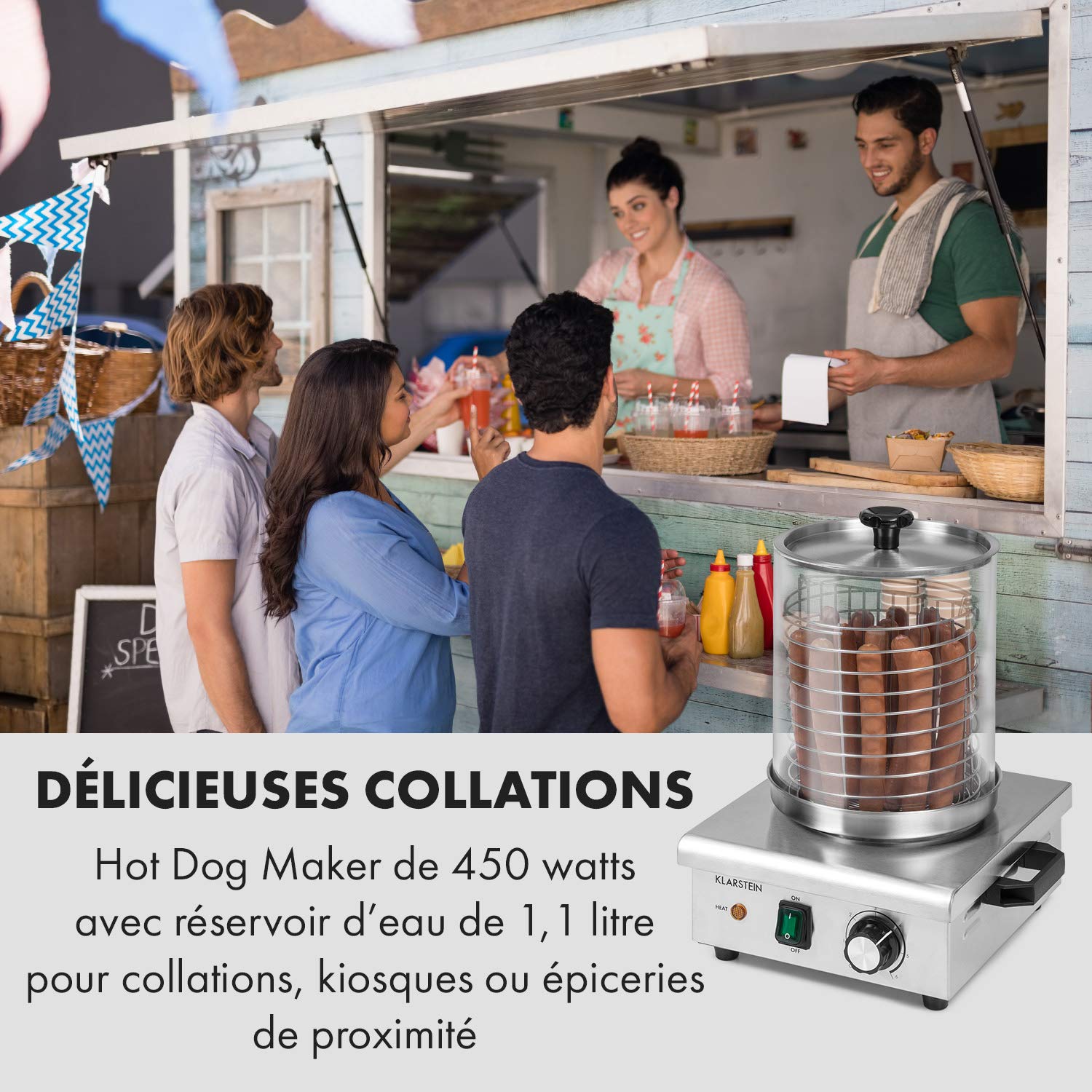 Klarstein Pro Wurstfabrik 450 Hot Dog Maker professionnel : 450W, 30-100 °C, cylindre en verre: Ø 20 cm, cage en inox: Ø 17 cm / 5 litres, acier inoxydable, réservoir à eau : 1,1 litre, argent