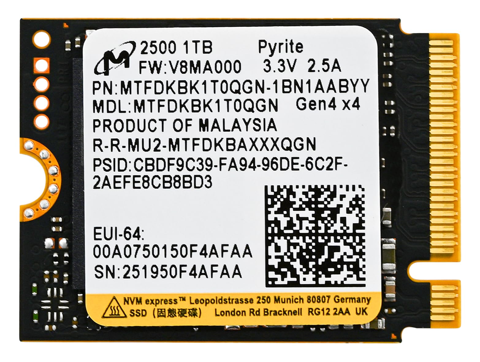 Micron 2550 1TB M.2 2230 NVMe SSD通電回数：65 Micron 2550 NVMe SSD |