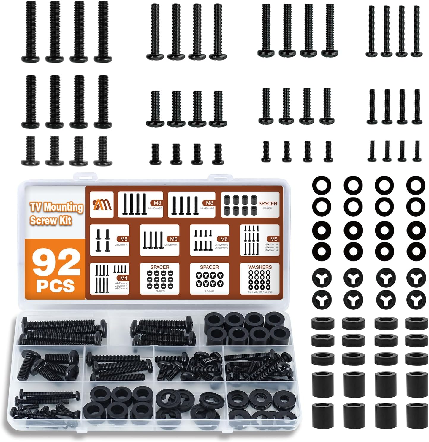 92PCS Universal TV Mounting Hardware Screw Kit Set - M4 M5 M6 M8 Screws, Spacers and Washers for Most TV/Monitor VESA Mount, TV Mount Replacement Screws with Box up to 80", Black