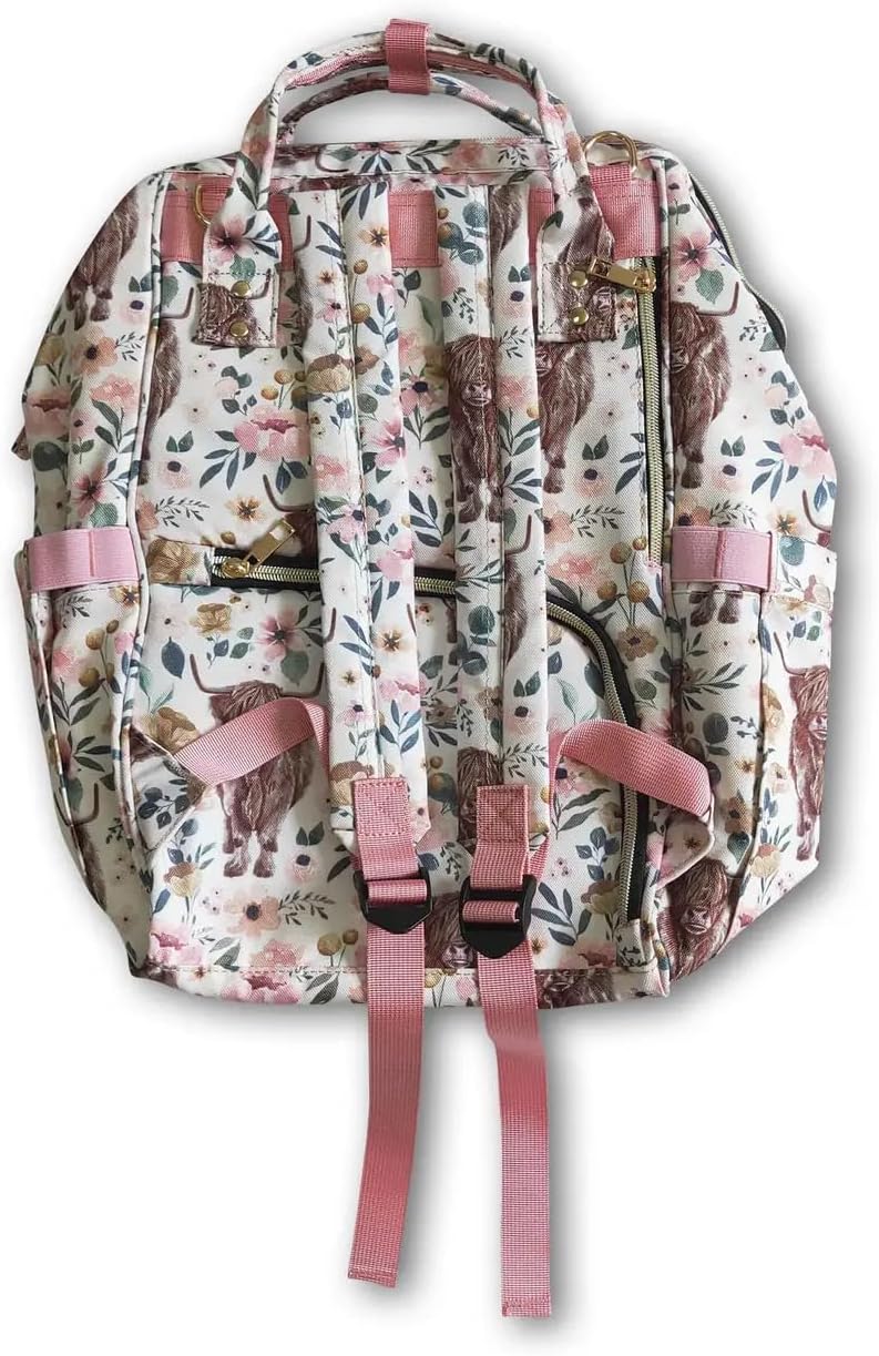 Pink Floral Highland Cow Diaper Bag Backpack