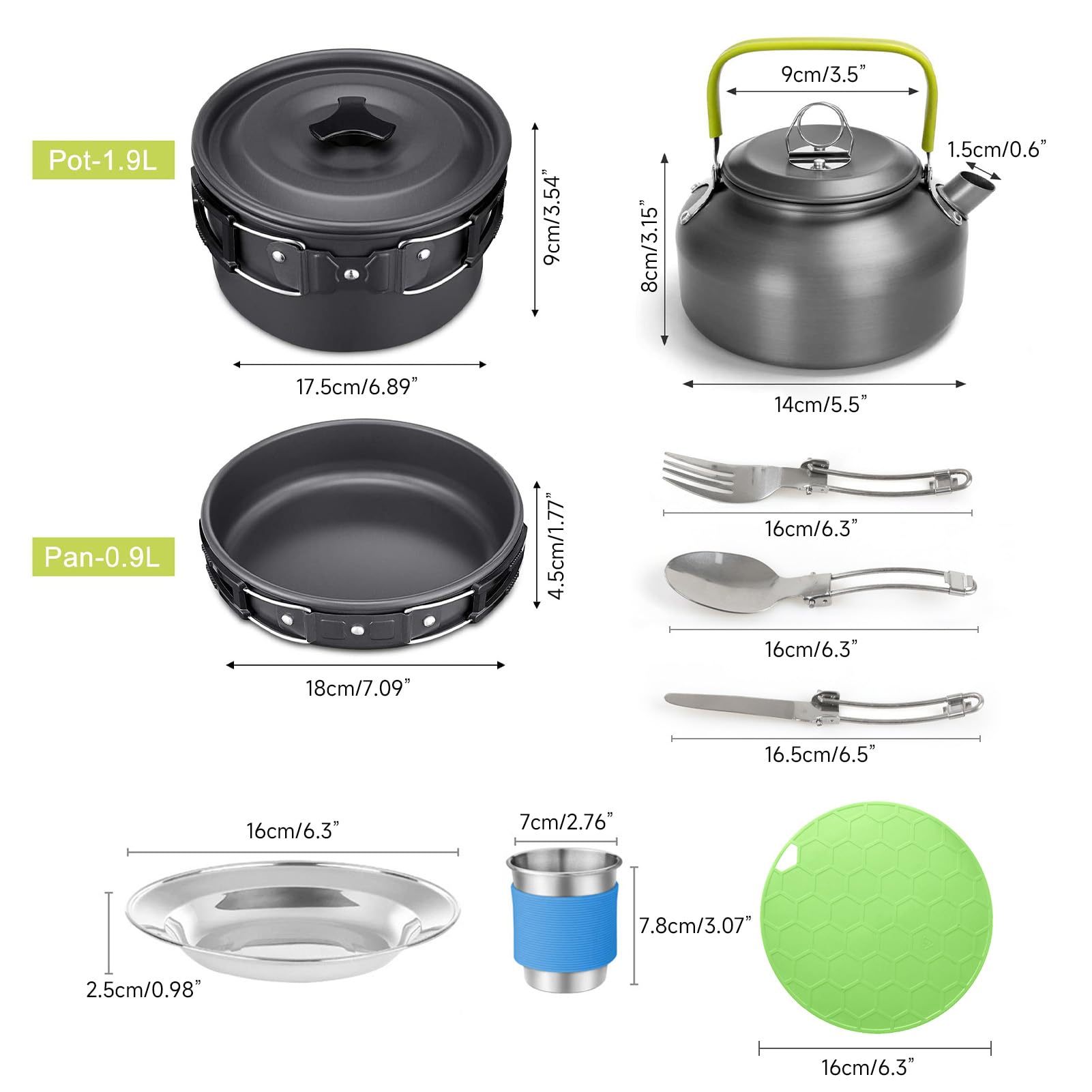 Set di 22 pentole da campeggio, pentola portatile da cucina all'aperto con teiera antiaderente leggero attrezzatura da picnic, per 2 3 persone escursionismo zaino in spalla