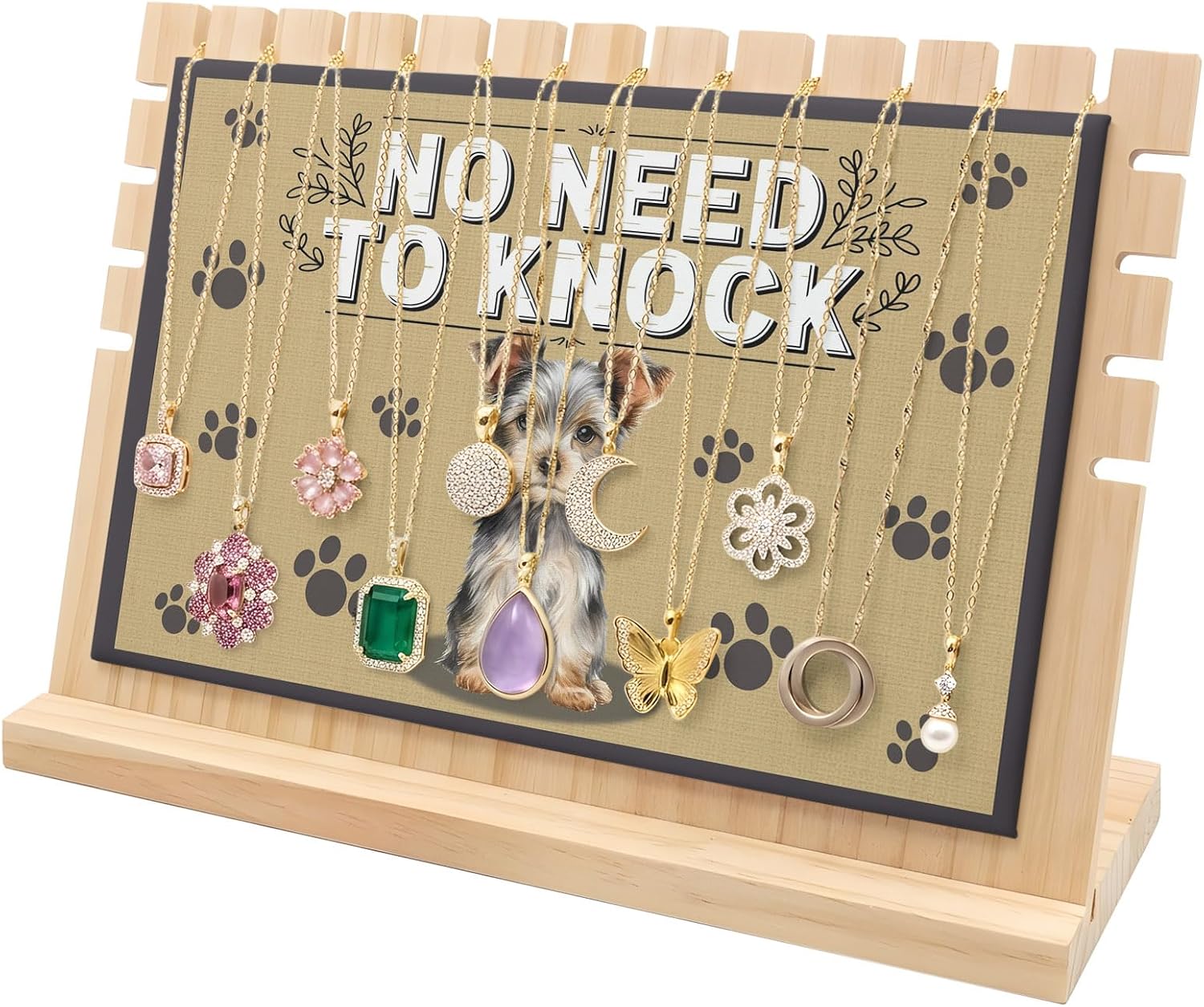 Necklace Display Stand Terrier Puppy Paw Print Wood Jewelry Displays Stands with PU Panel Rack Organizer No Need To Knock Wooden Necklace Display Holder for Vendors Shop Show Home Tabletop Storage