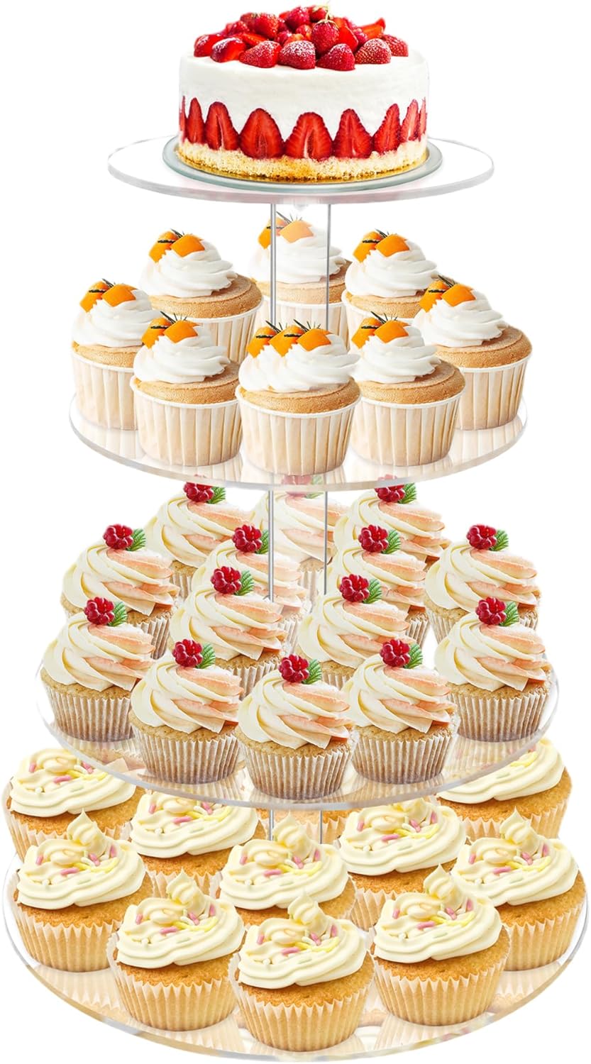 Cupcake Stand, 4 Tier Cupcake Stand for 50 Cupcakes, Round Tiered Cupcake Tower, Clear Acrylic Cupcake Holder, Dessert Stands for Party, Wedding, Birthday, Baby Shower, Halloween 4 Tier-Round