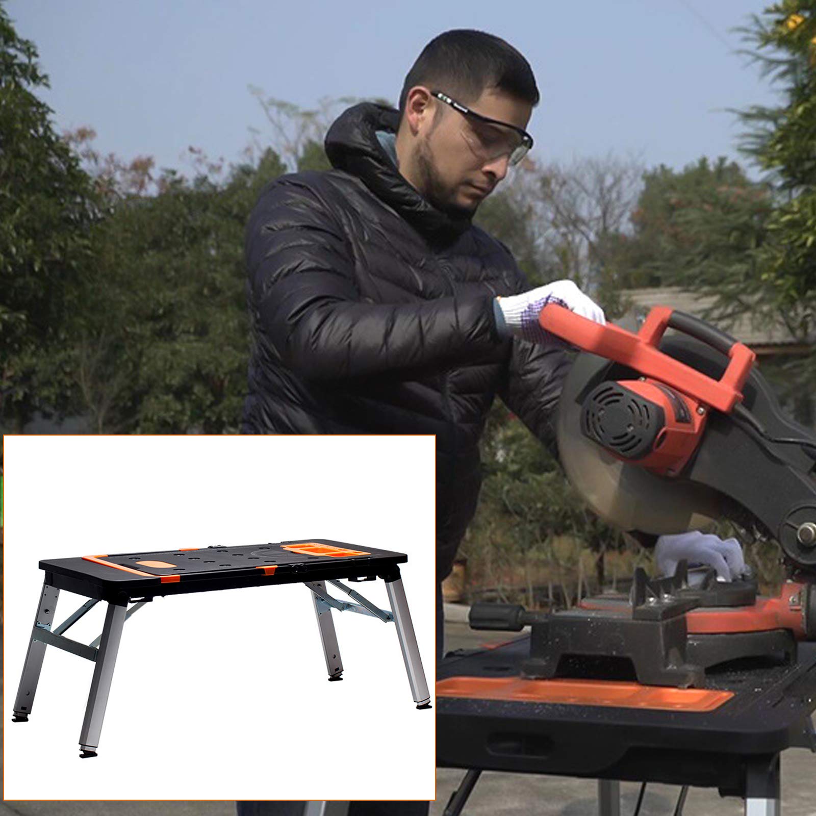 Meister 9079100 Work And Tension Table, 150kg Load Capacity, Large Worktop-Printed Scale And Corner Designations, Collapsible, Versatile Adjustable, Workbench with Tension Jaws, Work Table, Black