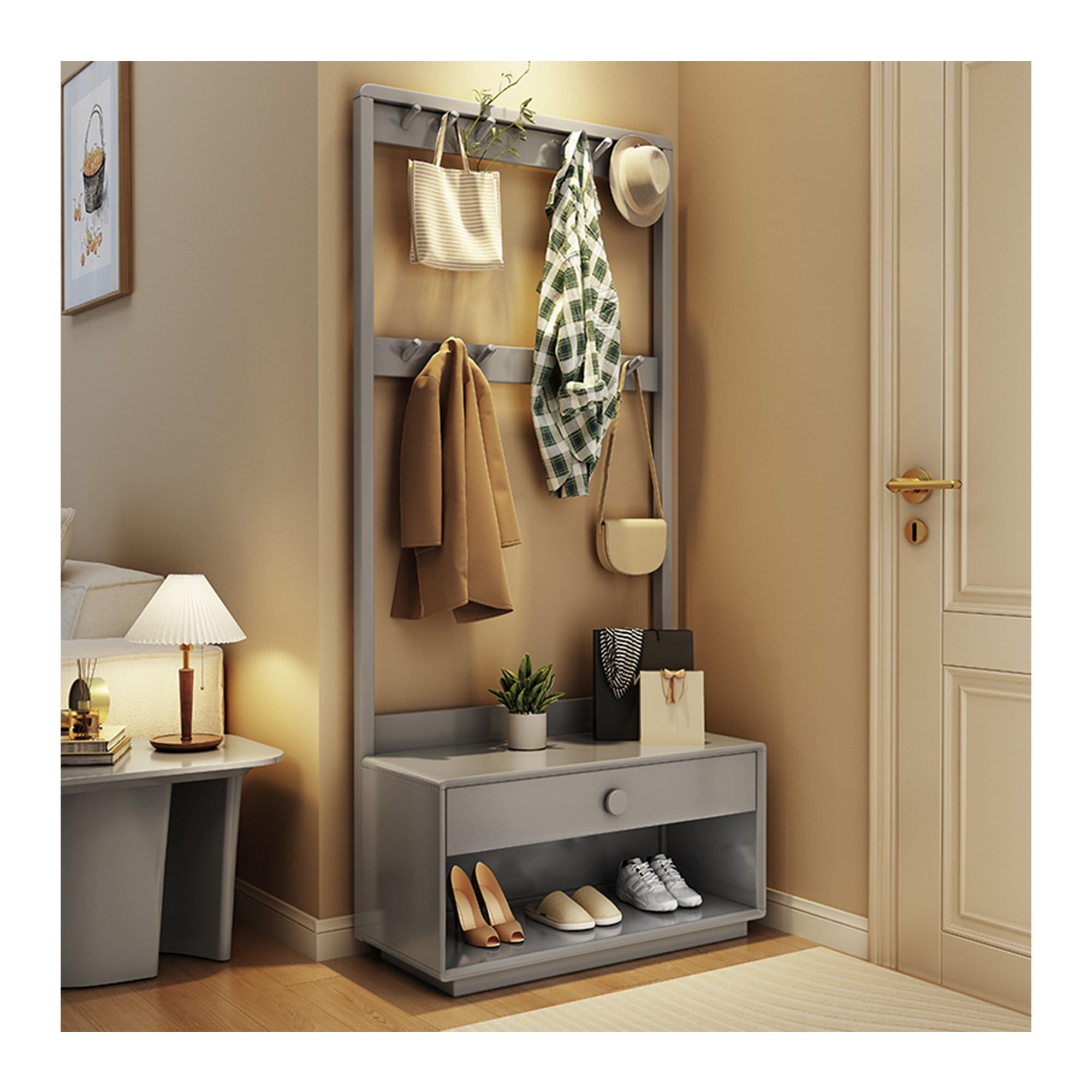LWJSOCP Shoe Rack Coat Rack with Bench & Cushion Freestanding Wooden Modern Entryway Storage nizer for Hallway Living Room Mudroom