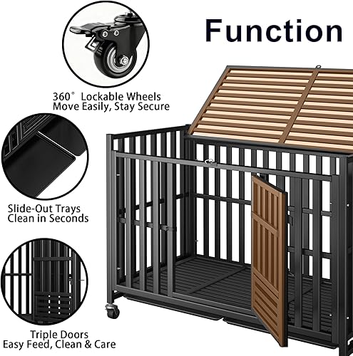 Miniatura 2 de Jaula indestructible de alta resistencia para perros grandes, perrera de metal a prueba de fugas con ruedas bloqueables y bandeja extraíble, marco
