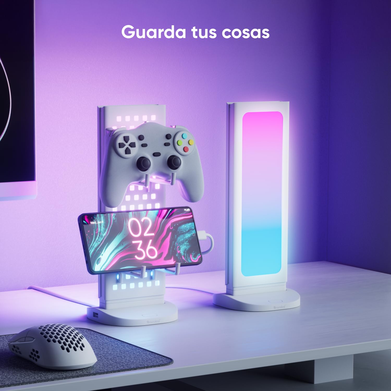Nanoleaf Hub Luminoso para Gaming Blanco, Lámpara Mesa Inteligente RGB 3-en-1 con Soporte Auriculares/Mando, Iluminación Doble Cara, Dock USB-C, Sync Música y Pantalla vía App, Luz Ambiental Gaming