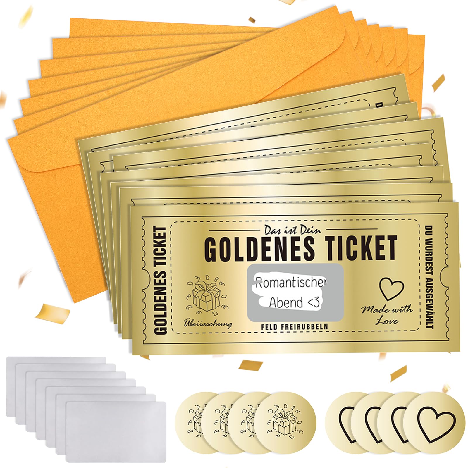 Mumjooyi 7 pcs Golden Ticket Tarjeta Rasca Cumpleaños con Sobres Tarjeta de Rascar Regalo pareja Romántico Billete Dorado para Rascar Tarjeta Golden Ticket
