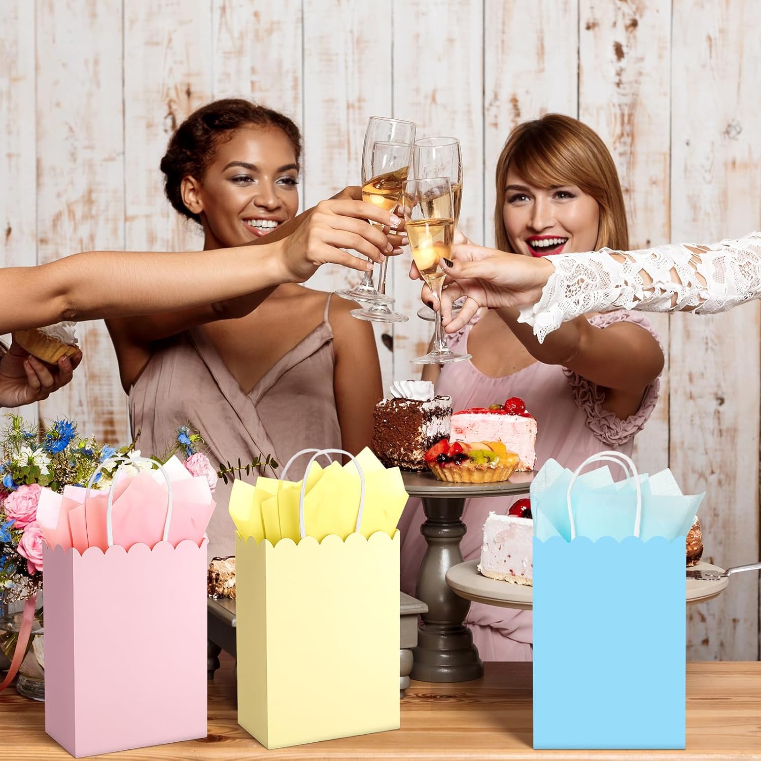 50 Pcs Pastel Party Favor Gift Bags Bulk with Handles and Tissue Paper 8.3 x 5.9 x 3.15 Inch 5 Colors Scalloped Paper Candy Treat Goodie Bags Party Supplies for Birthday Wedding Bridal - Image 4