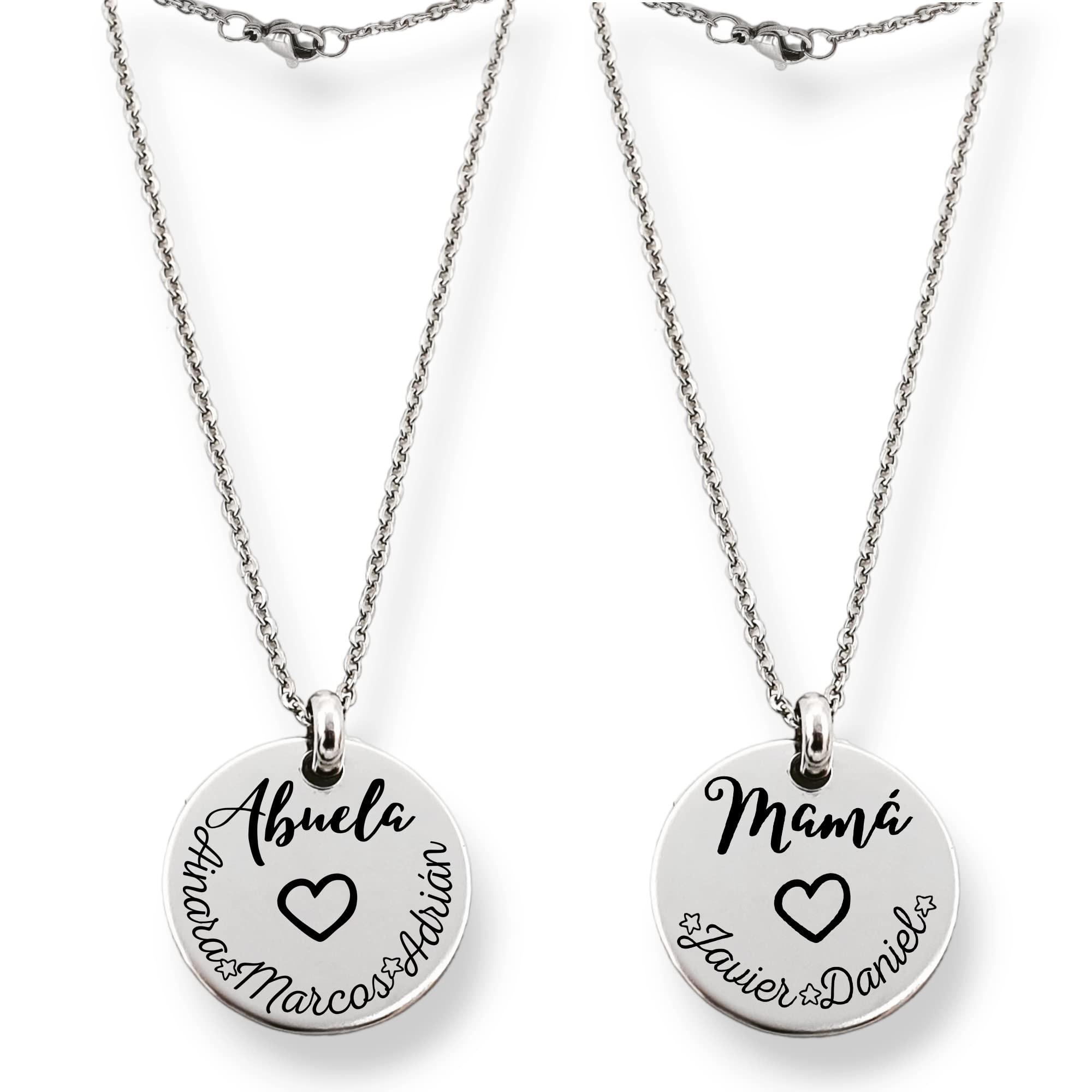 D.CORAZÓN ARTESANÍA HECHO A MANO Collar con nombres personalizados, modelo DONNA, regalos para madres, abuelas, acero inoxidable. Día de la madre. (Collar MAMÁ, con nombres personalizados.)