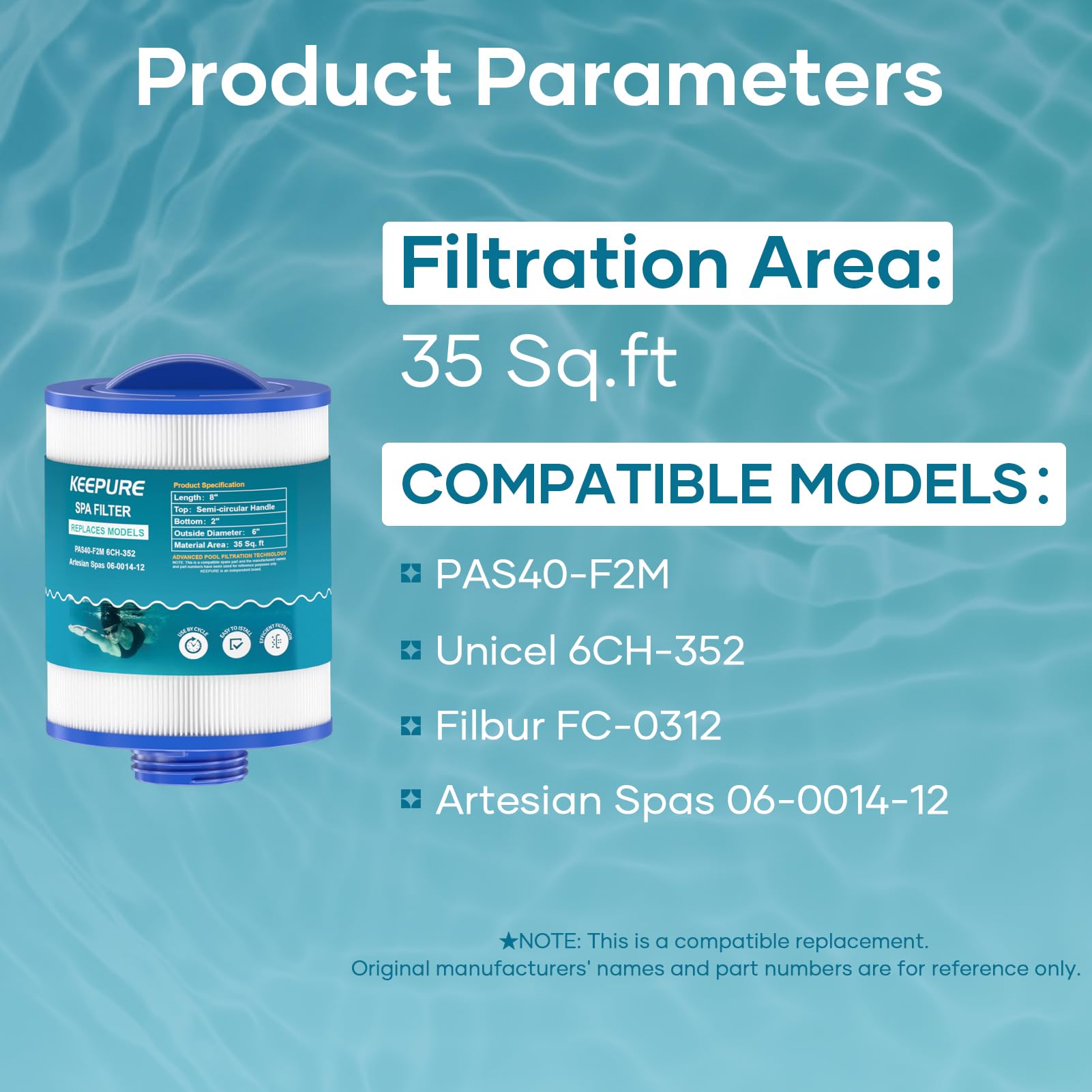 KEEPURE PAS40-F2M Hot Tub Filter Compatible with 6CH-352, Artesian Spas 06-0014-12,PMA-R1/X268546,FC-0312,AK-90131,60354,SD-01441 Spa Filter,35 Sqft,2 Pack